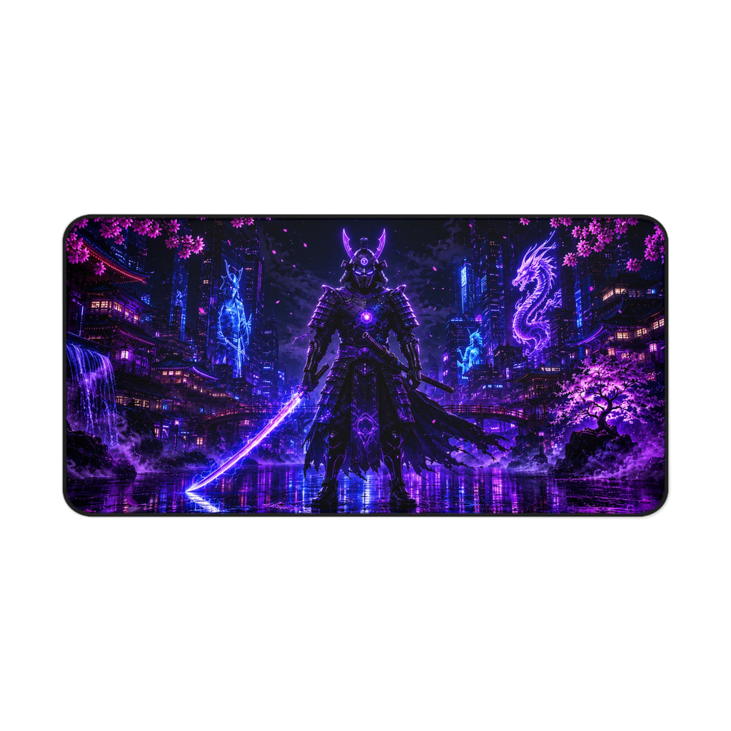 Cyber Neon Samurai Desk Mat — Neon Purple Gamer Mouse Pad
