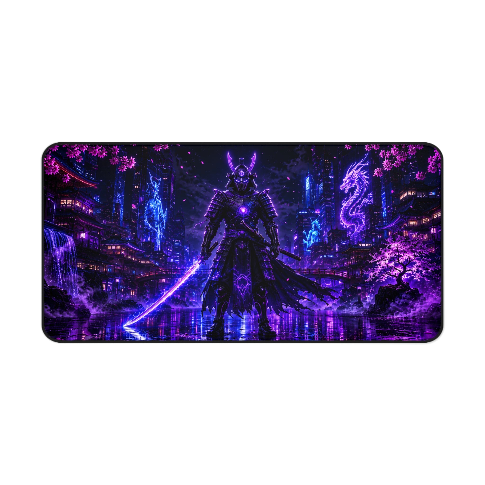 Cyber Neon Samurai Desk Mat — Neon Purple Gamer Mouse Pad