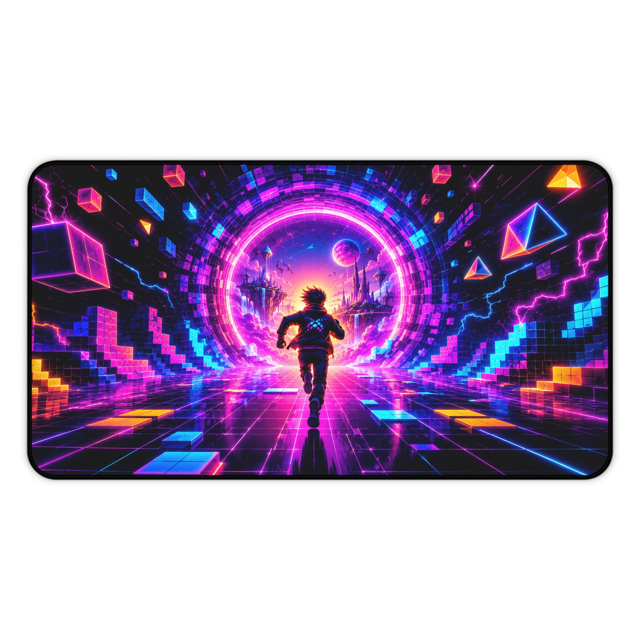 Cyber Runner Neon Retro Desk Mat — Futuristic Vaporwave Gaming Mousepad