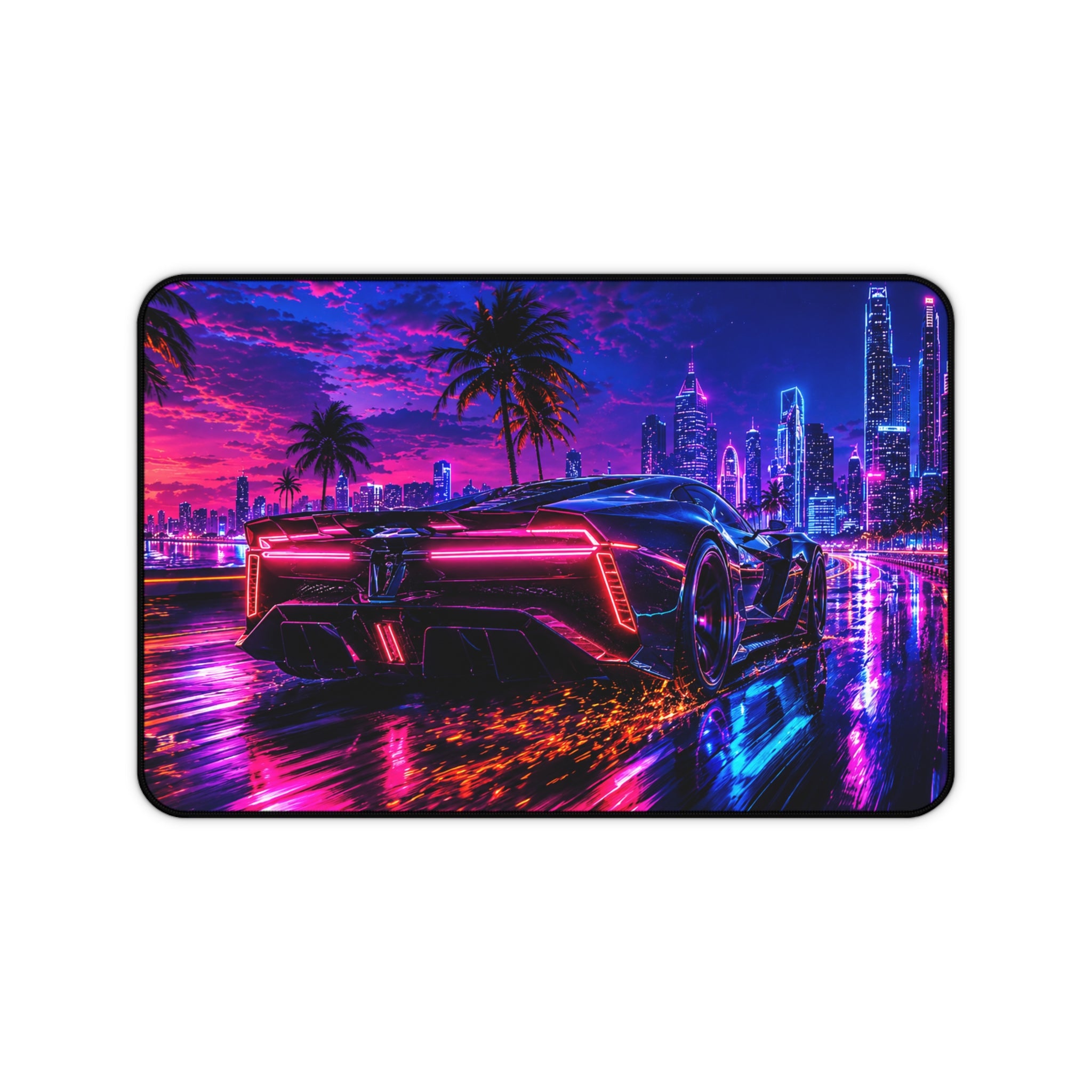 Retro Futuristic Supercar Desk Mat — Neon Cyberpunk Gaming Mousepad