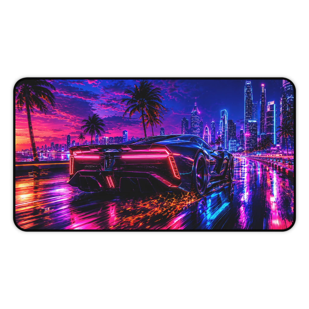 Retro Futuristic Supercar Desk Mat — Neon Cyberpunk Gaming Mousepad