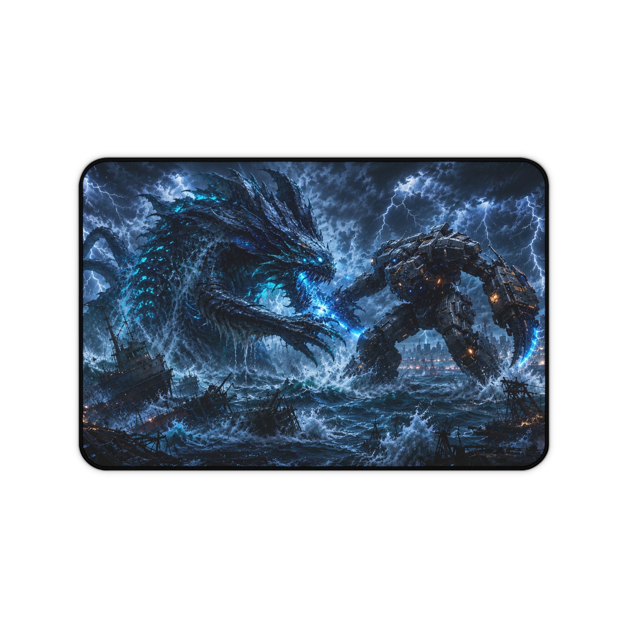 Epic Sea Battle Desk Mat — Storm Dragon vs Mech Warrior Gaming Mouse Pad
