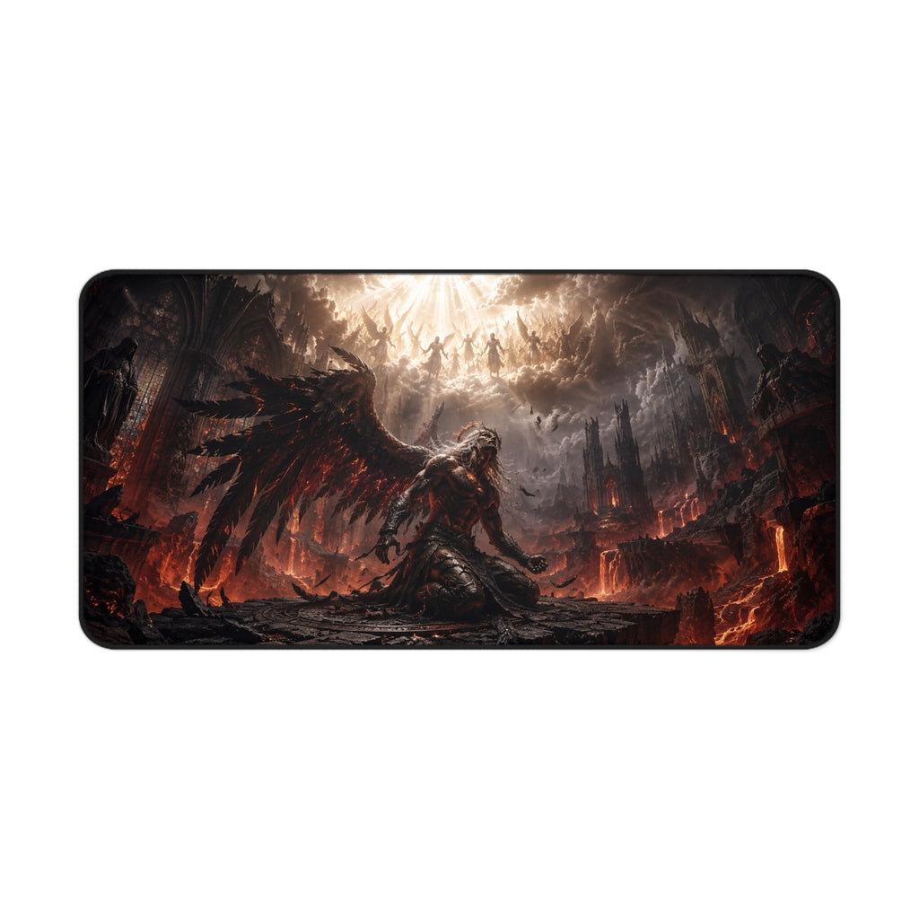 Dark Fallen Angel Desk Mat — Gothic Gaming Mousepad with Fiery Battle Scene