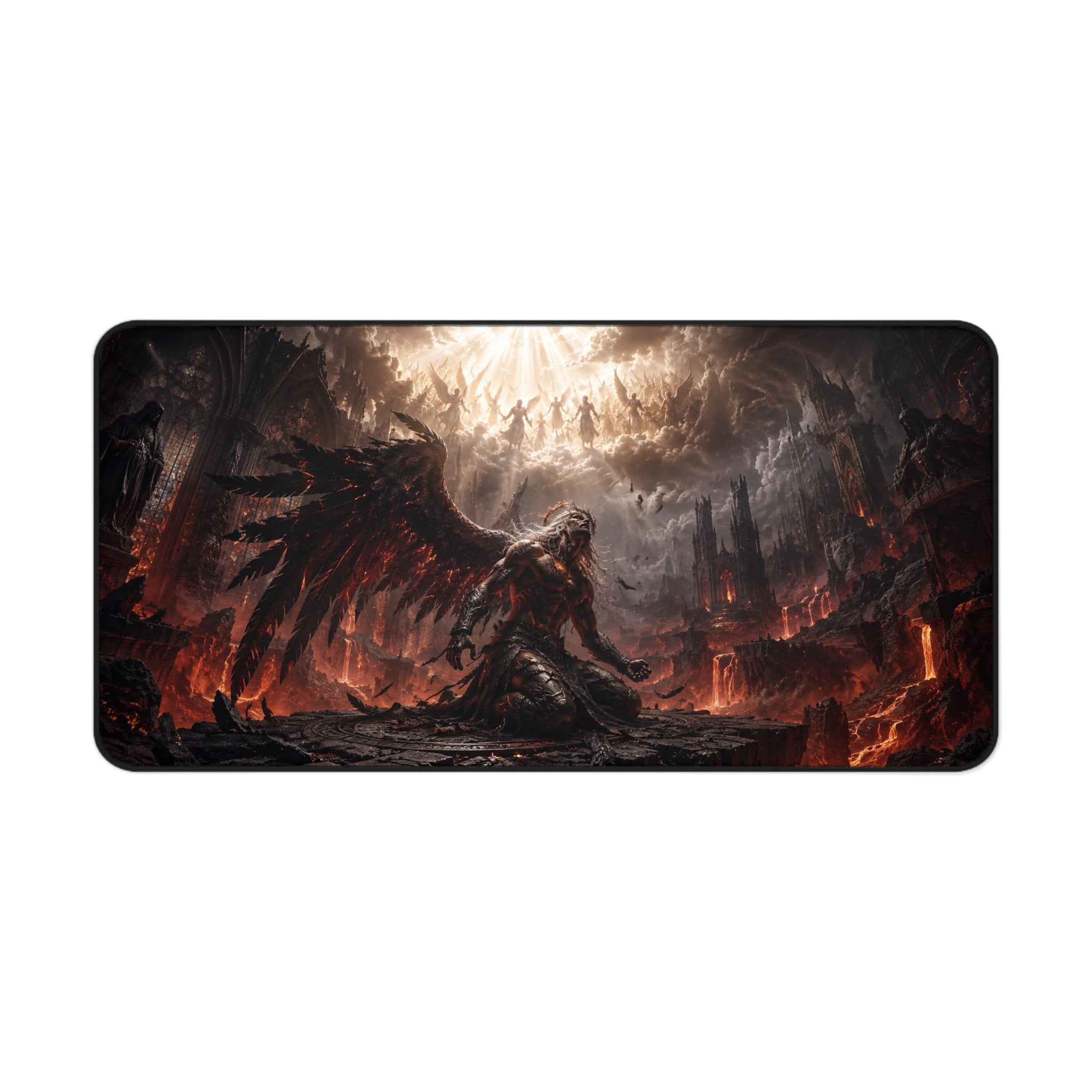 Dark Fallen Angel Desk Mat — Gothic Gaming Mousepad with Fiery Battle Scene