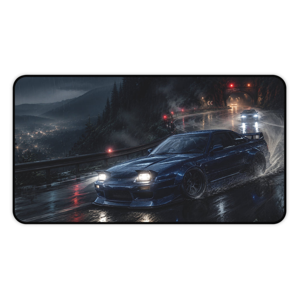 Racing Night Desk Mat — Rainy Skyline Sports Car Mouse Pad