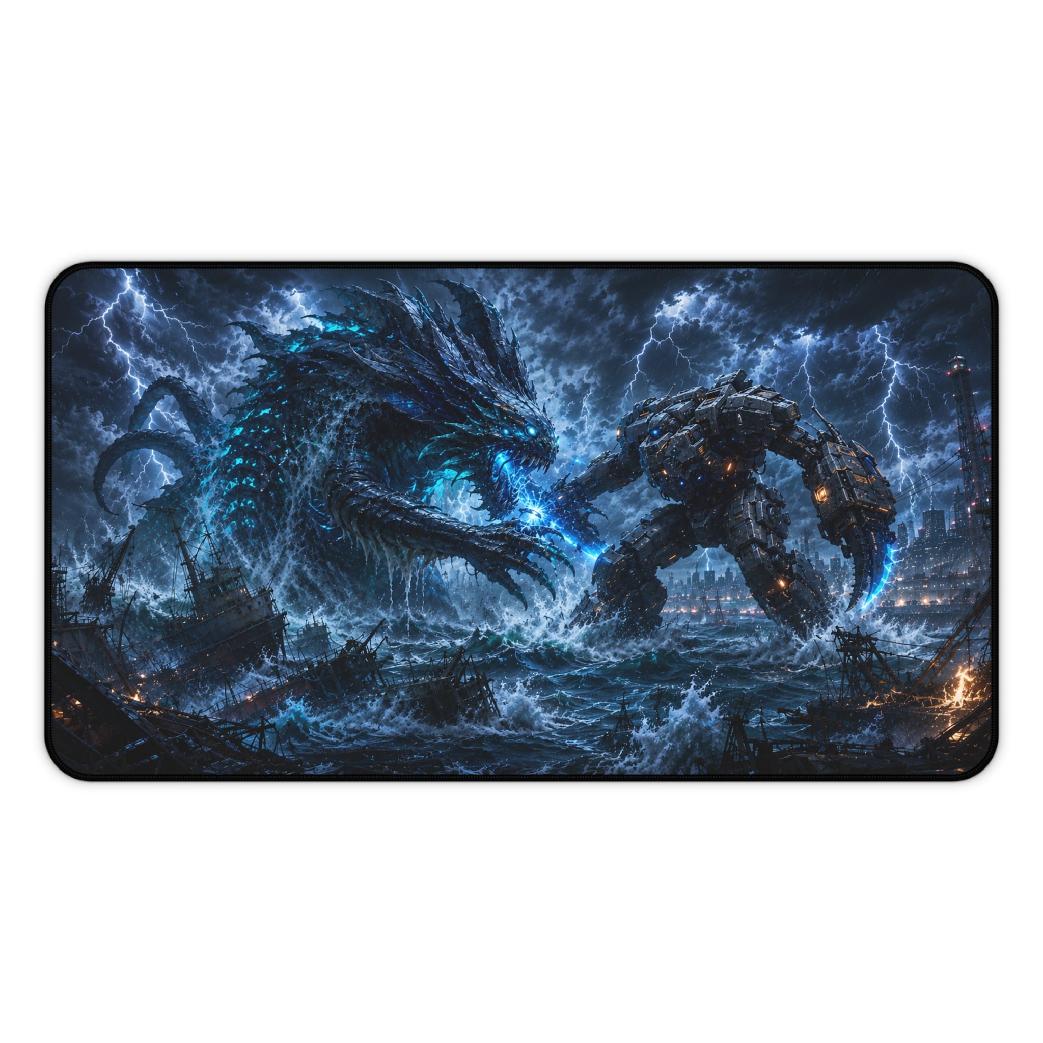 Epic Sea Battle Desk Mat — Storm Dragon vs Mech Warrior Gaming Mouse Pad