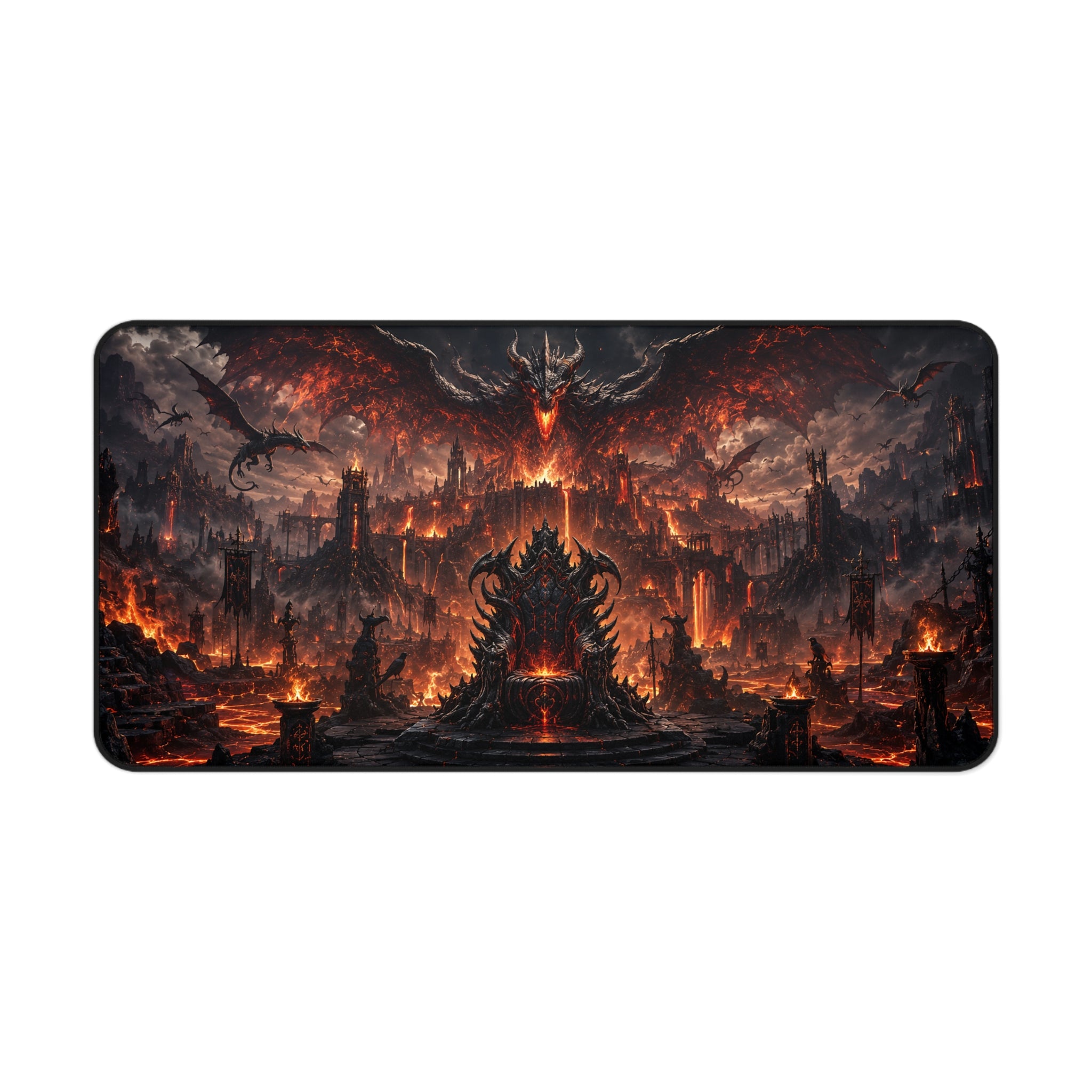 Fiery Demon Fortress Gaming Desk Mat — Dark Fantasy Battle Mousepad