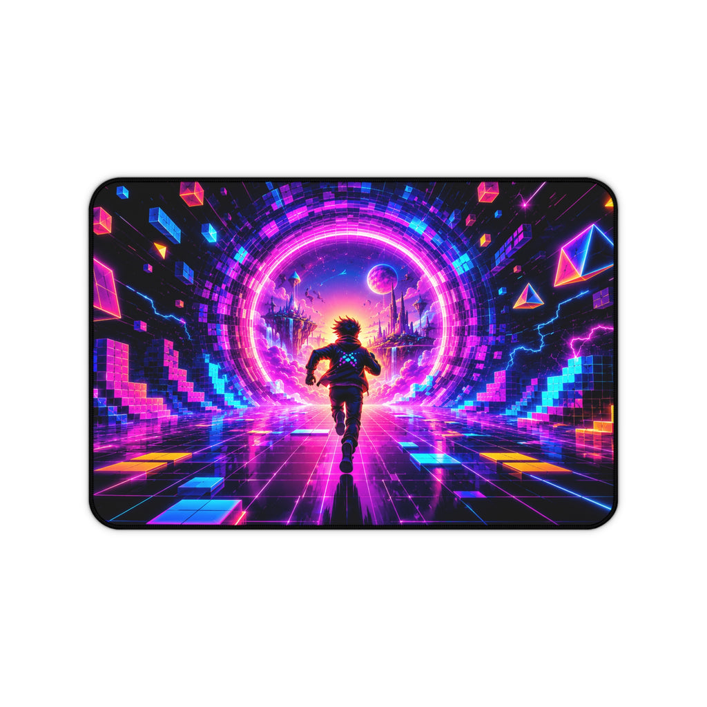 Cyber Runner Neon Retro Desk Mat — Futuristic Vaporwave Gaming Mousepad