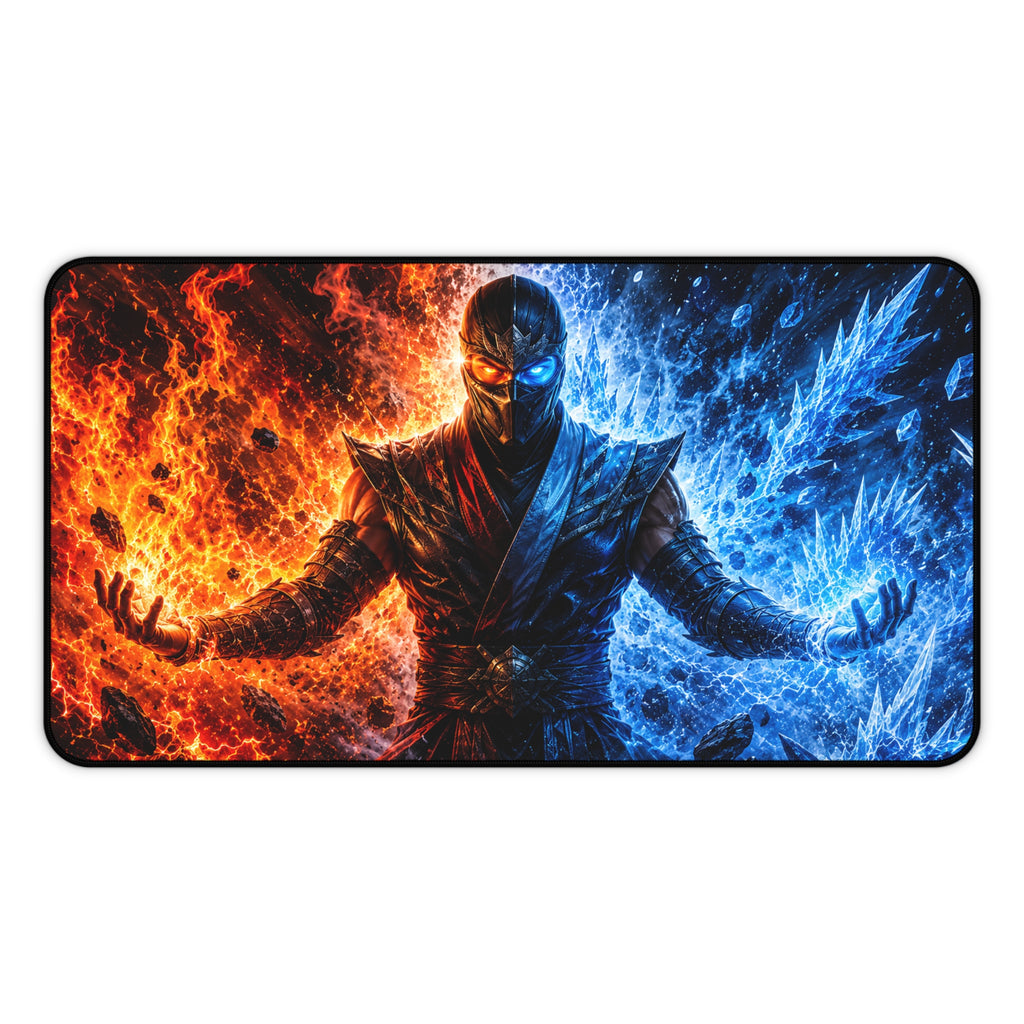 Fire & Ice Warrior Desk Mat — Gaming Mouse Pad with Fiery Blue Split Design