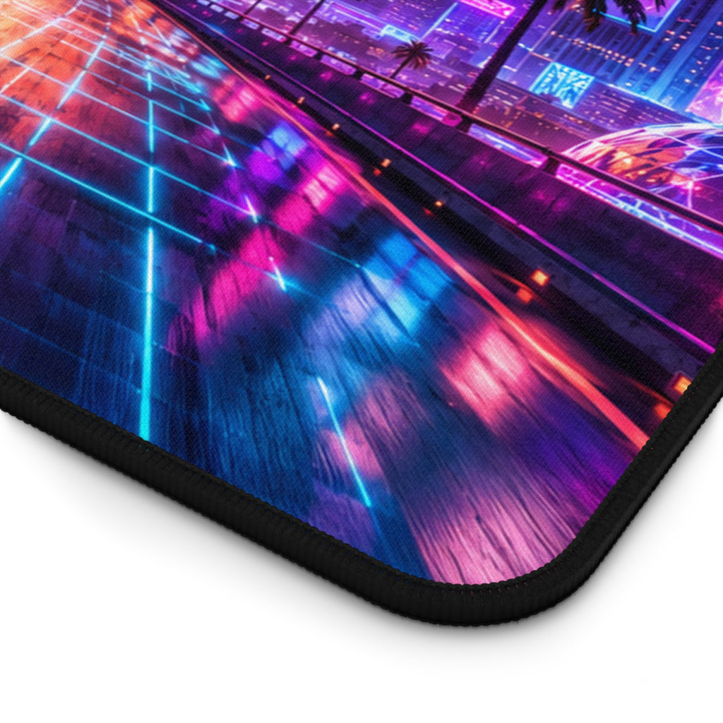 Retro Futuristic Sunset Desk Mat — Vaporwave Neon Cityscape