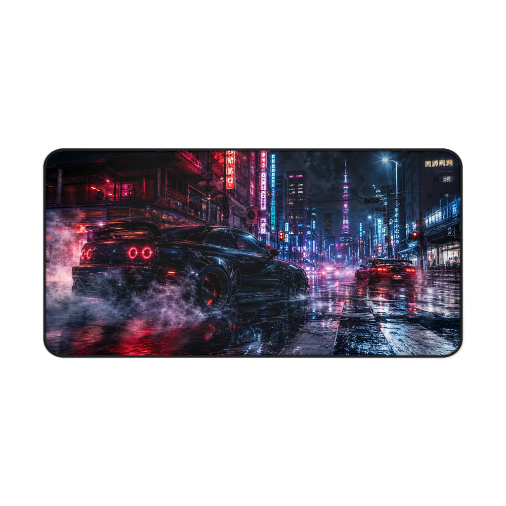 Cyberpunk Night Racing Desk Mat — Neon City Skyline Mouse Pad