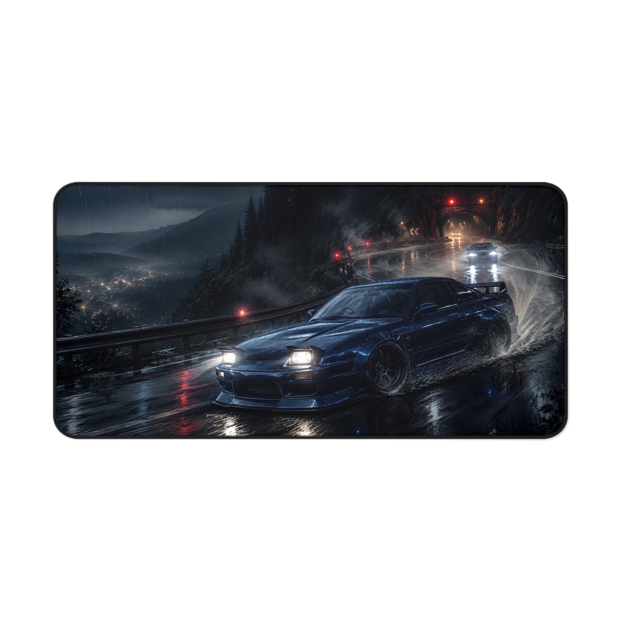 Racing Night Desk Mat — Rainy Skyline Sports Car Mouse Pad