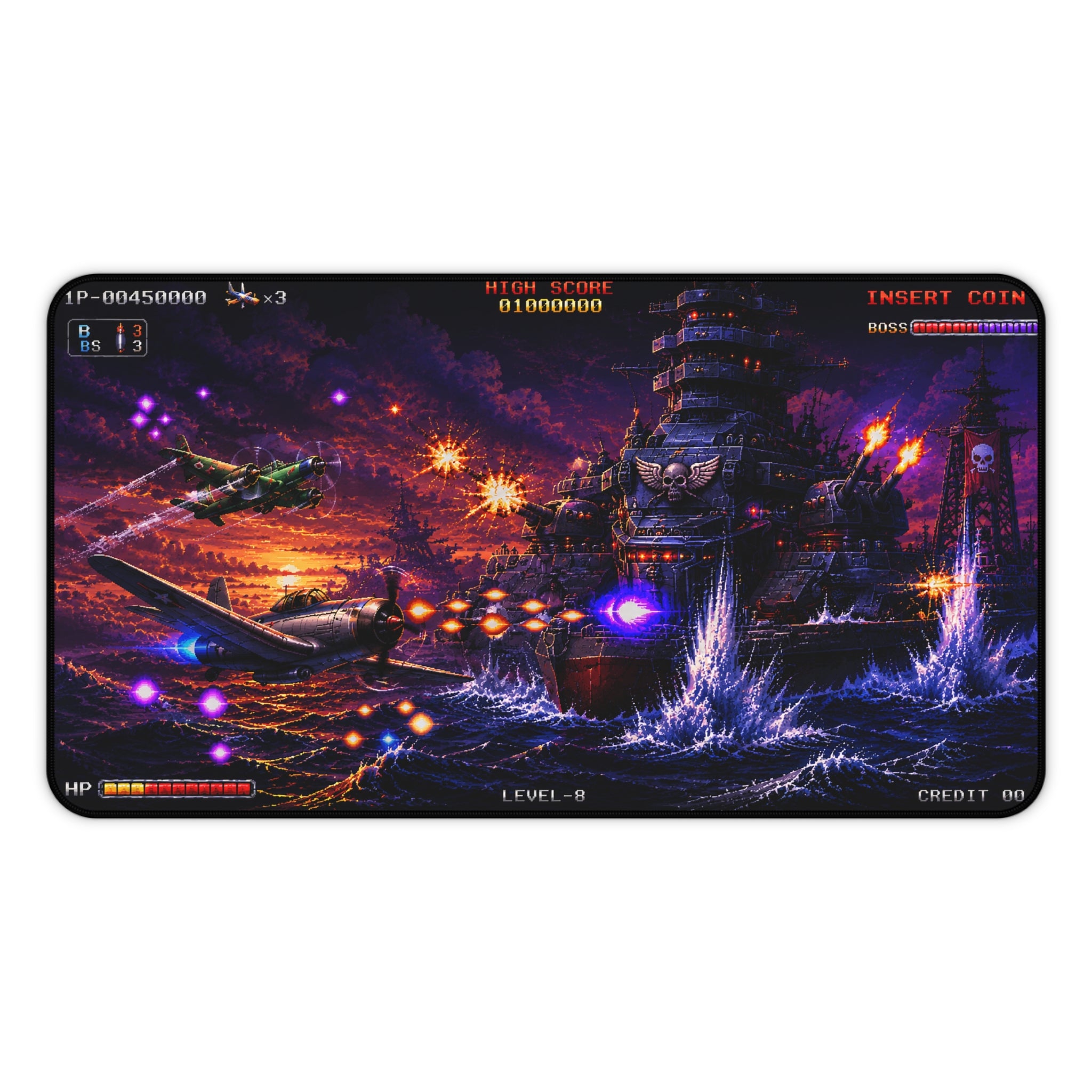 Retro Arcade Shoot 'Em Up Gaming Desk Mat — Vintage Pixel Battlefield Design