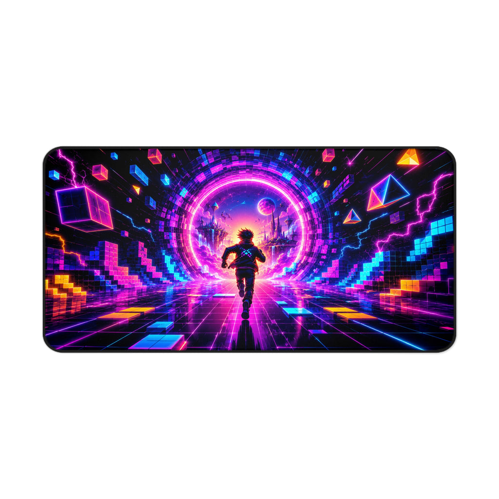 Cyber Runner Neon Retro Desk Mat — Futuristic Vaporwave Gaming Mousepad