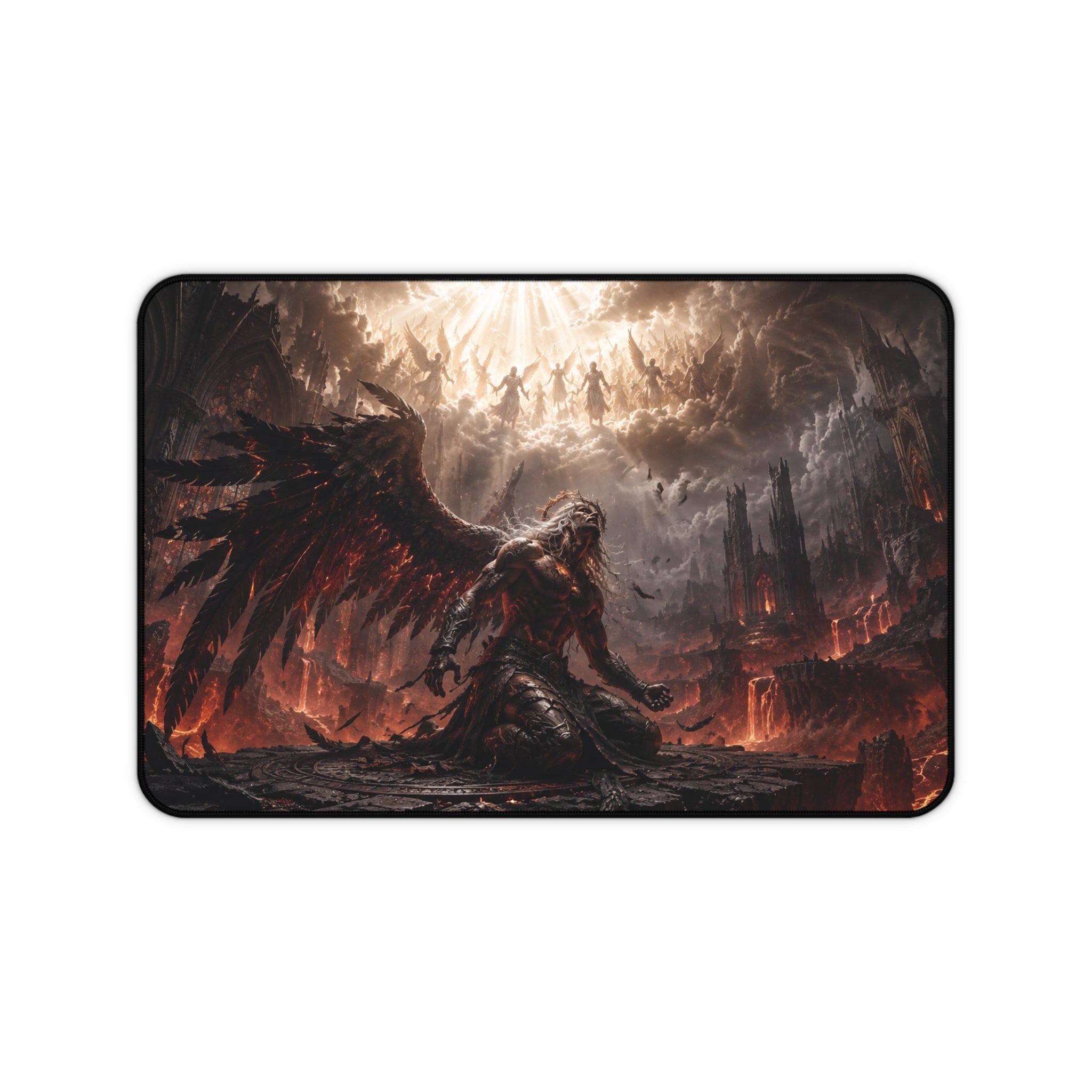 Dark Fallen Angel Desk Mat — Gothic Gaming Mousepad with Fiery Battle Scene