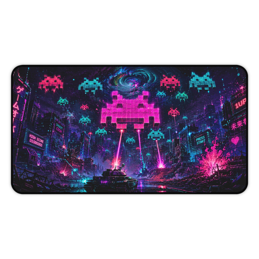 Retro Space Invaders Neon Desk Mat – Cyberpunk Gamer Mousepad