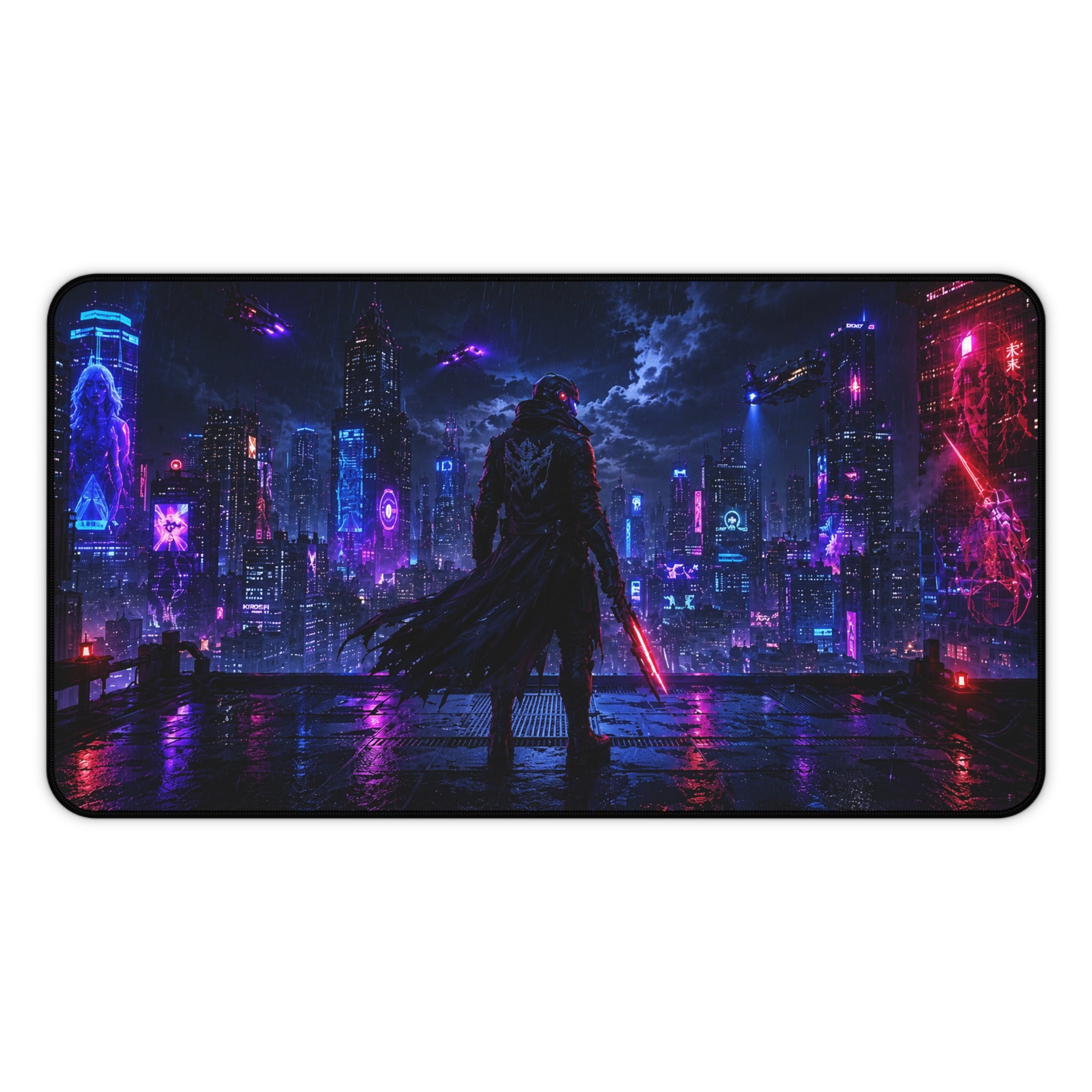 Cyberpunk Nightscape Desk Mat — Neon City Samurai Mouse Pad