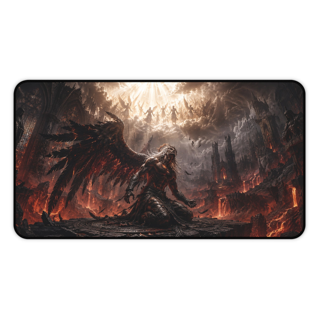 Dark Fallen Angel Desk Mat — Gothic Gaming Mousepad with Fiery Battle Scene