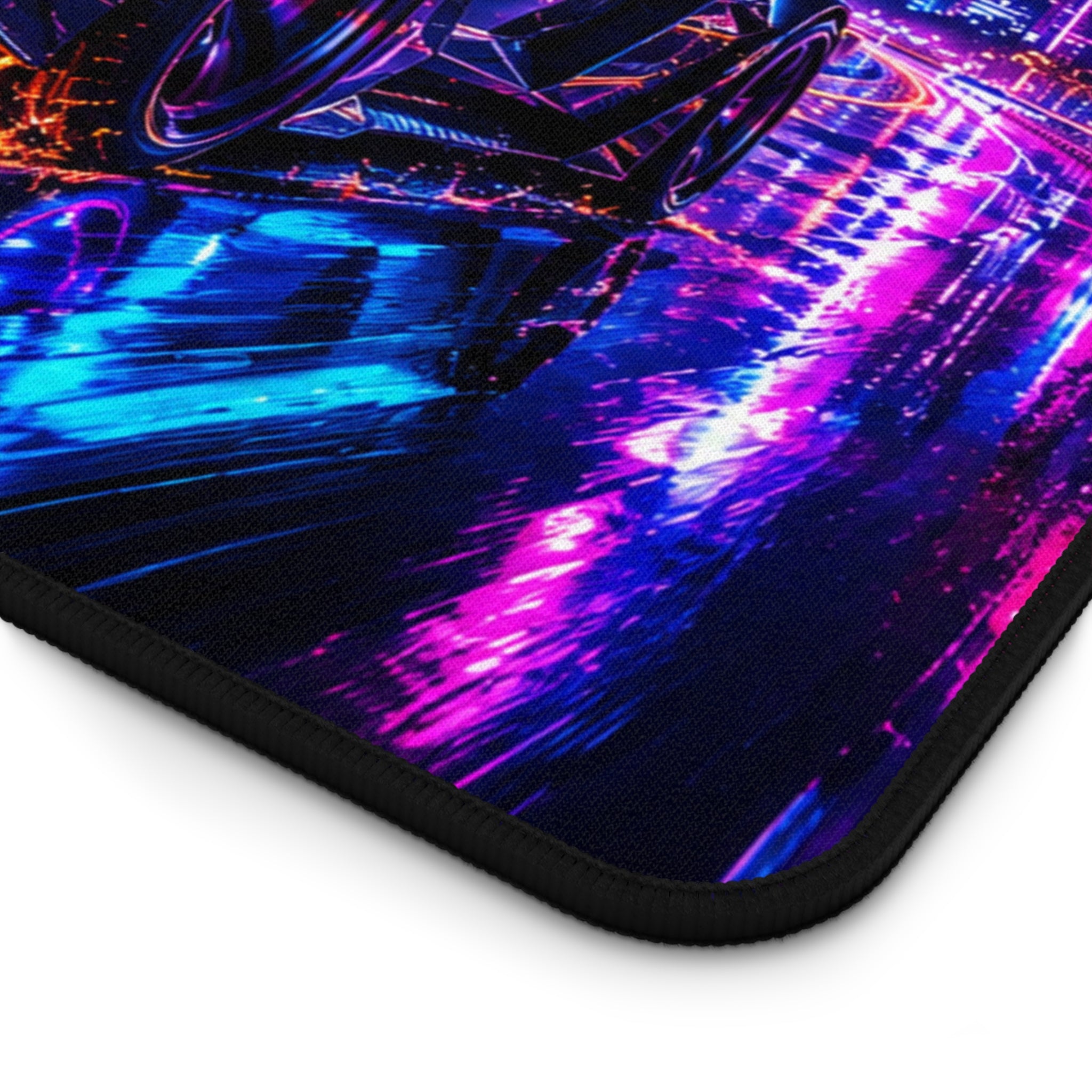 Retro Neon Supercar Desk Mat — Cyberpunk City Racing Mouse Pad
