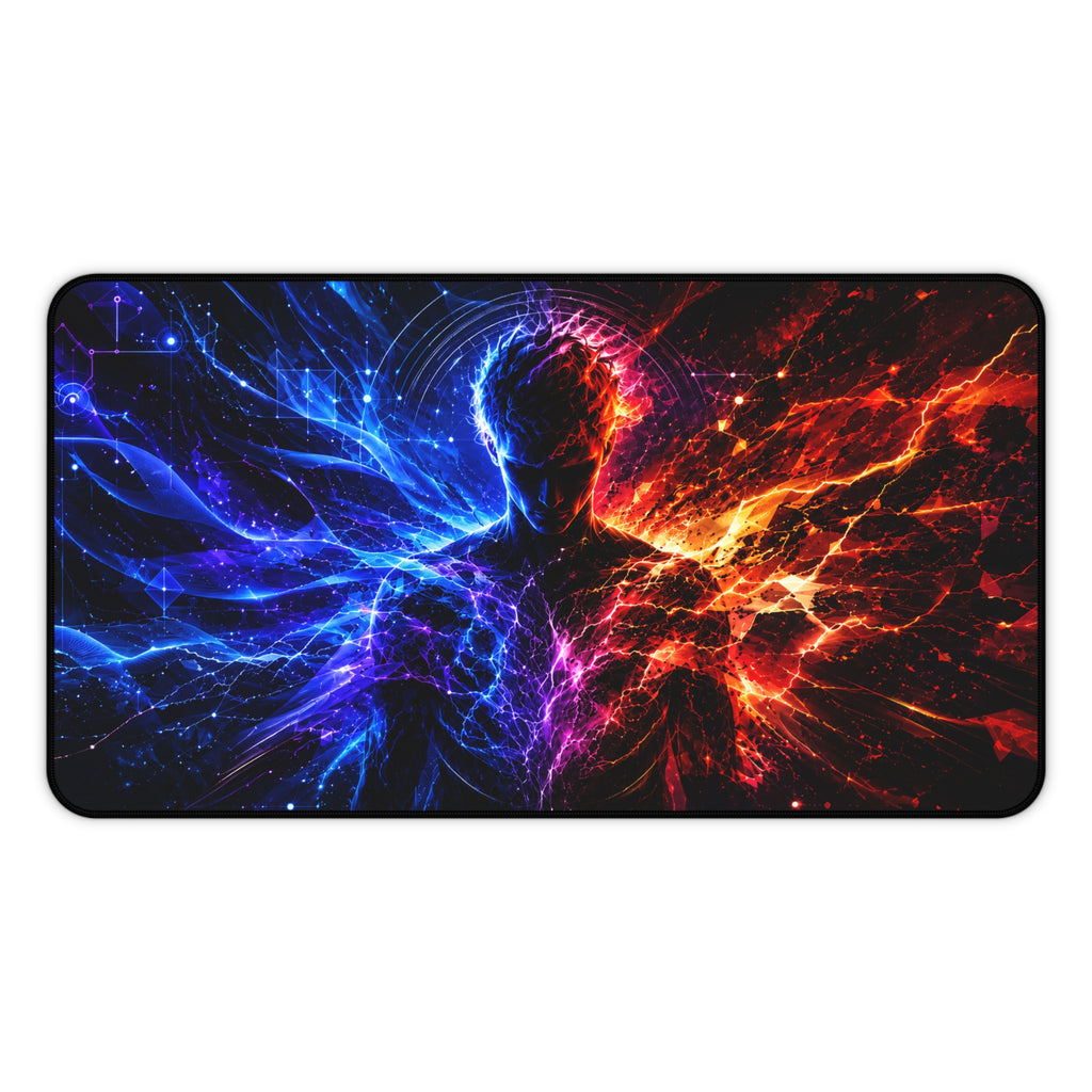 Cosmic Duality Desk Mat — Fire & Ice Silhouette Gaming Desk Pad