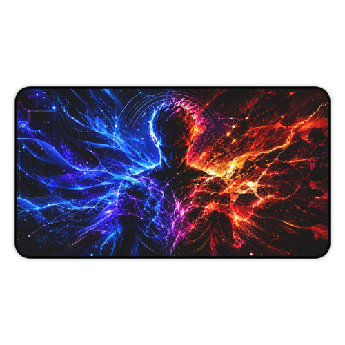 Cosmic Duality Desk Mat — Fire & Ice Silhouette Gaming Desk Pad