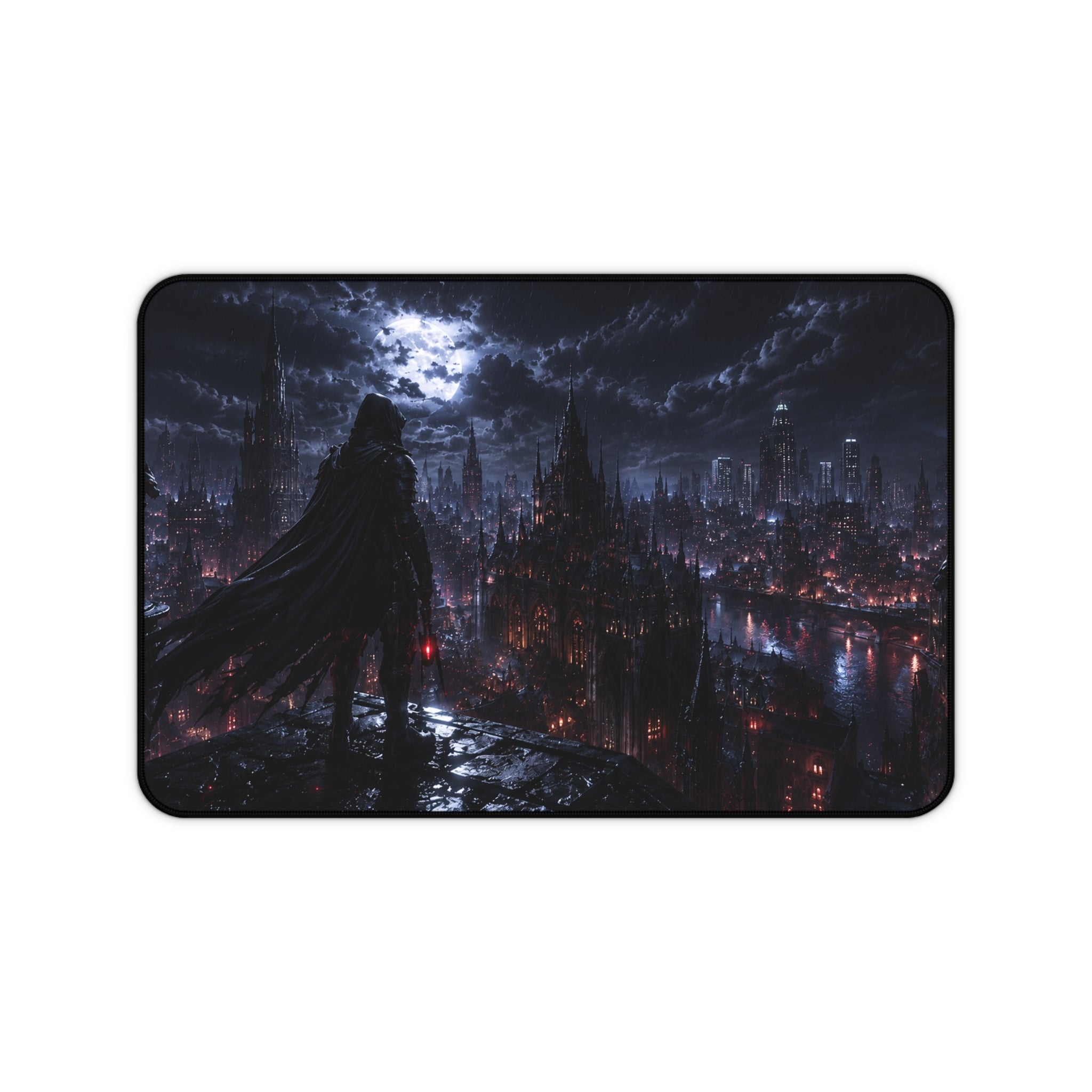 Gothic Nightscape Desk Mat — Dark Cityscape with Cloaked Figure