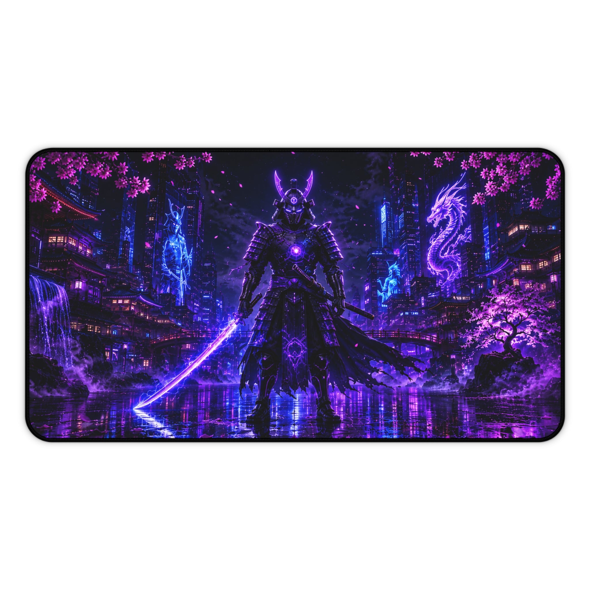 Cyber Neon Samurai Desk Mat — Neon Purple Gamer Mouse Pad