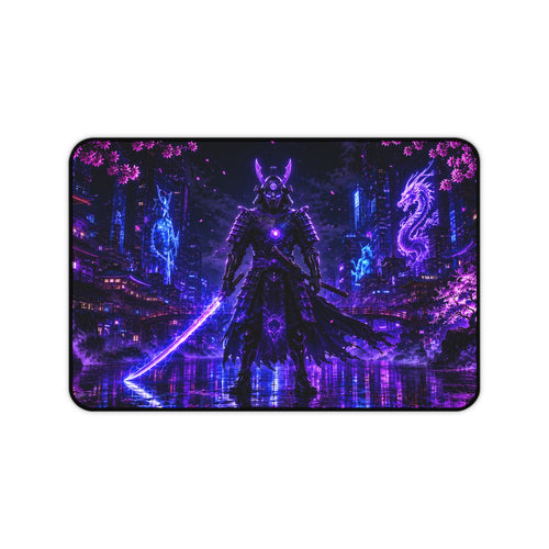Cyber Neon Samurai Desk Mat — Neon Purple Gamer Mouse Pad