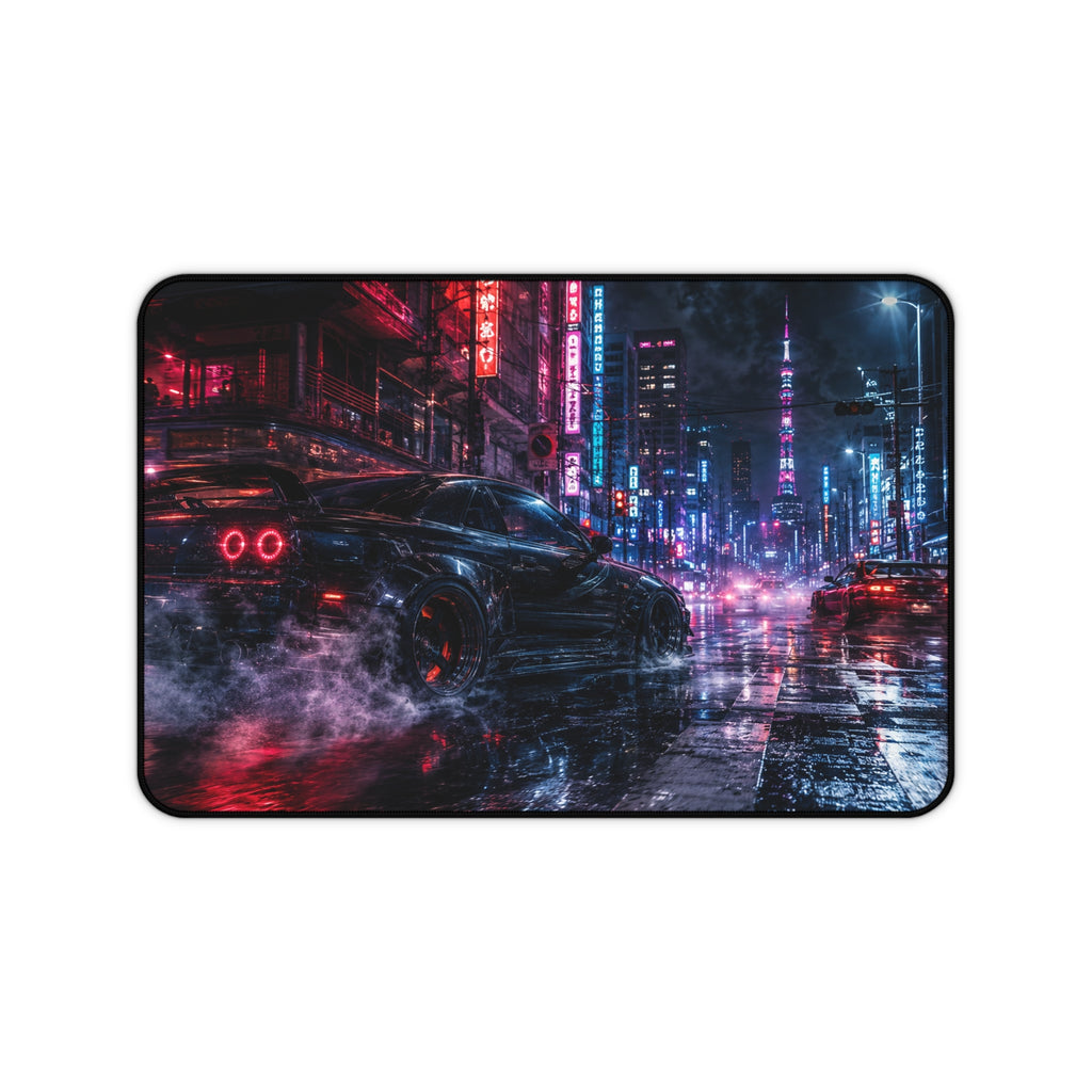 Cyberpunk Night Racing Desk Mat — Neon City Skyline Mouse Pad