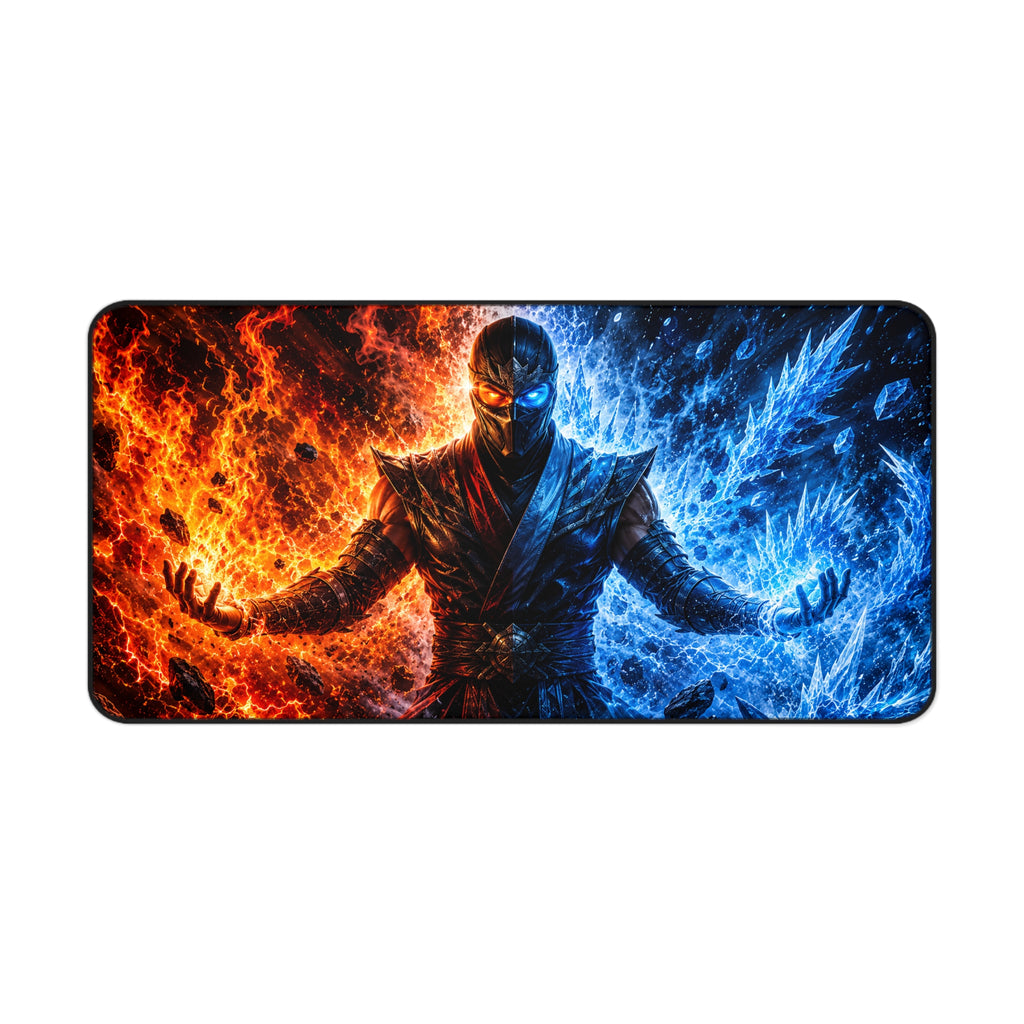 Fire & Ice Warrior Desk Mat — Gaming Mouse Pad with Fiery Blue Split Design