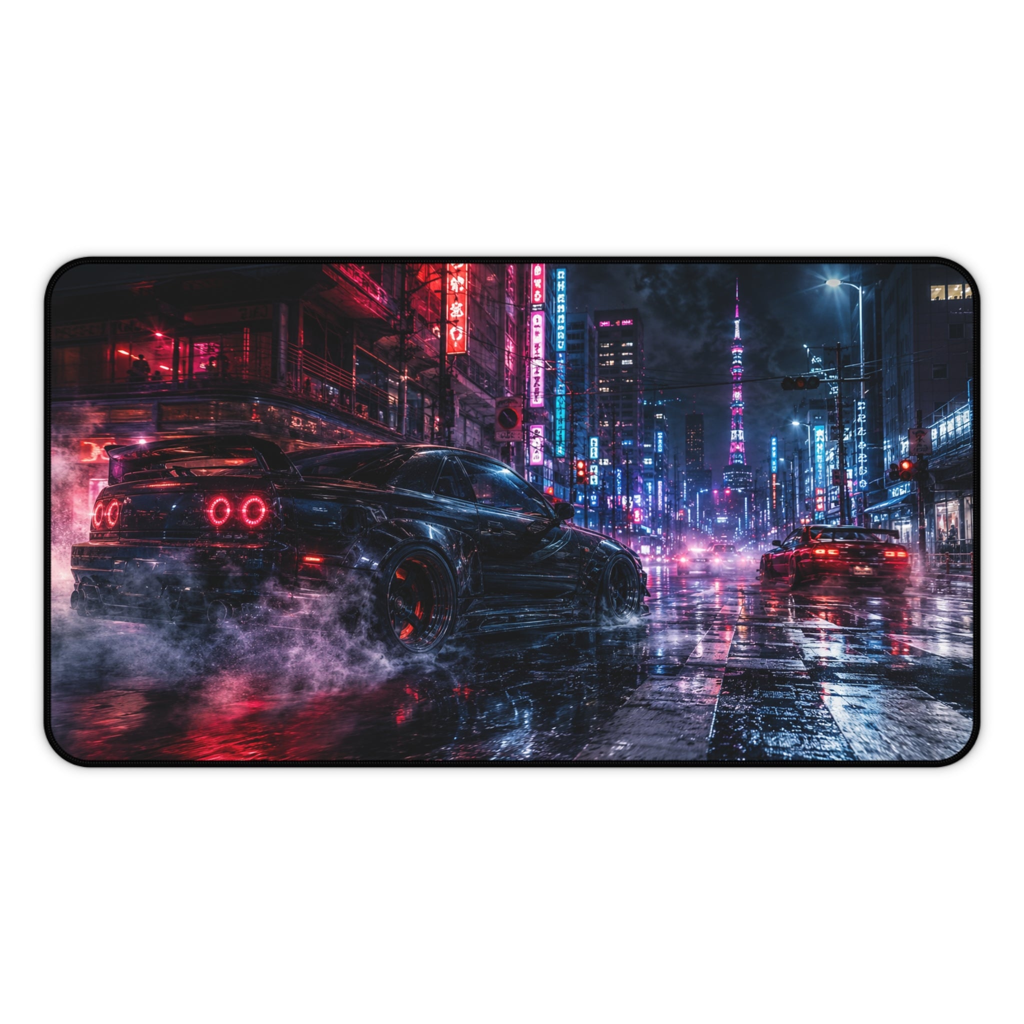 Cyberpunk Night Racing Desk Mat — Neon City Skyline Mouse Pad