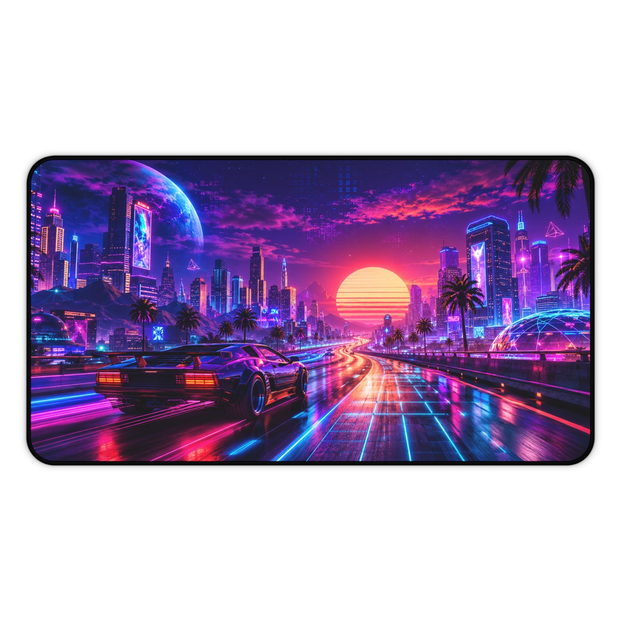 Retro Futuristic Sunset Desk Mat — Vaporwave Neon Cityscape