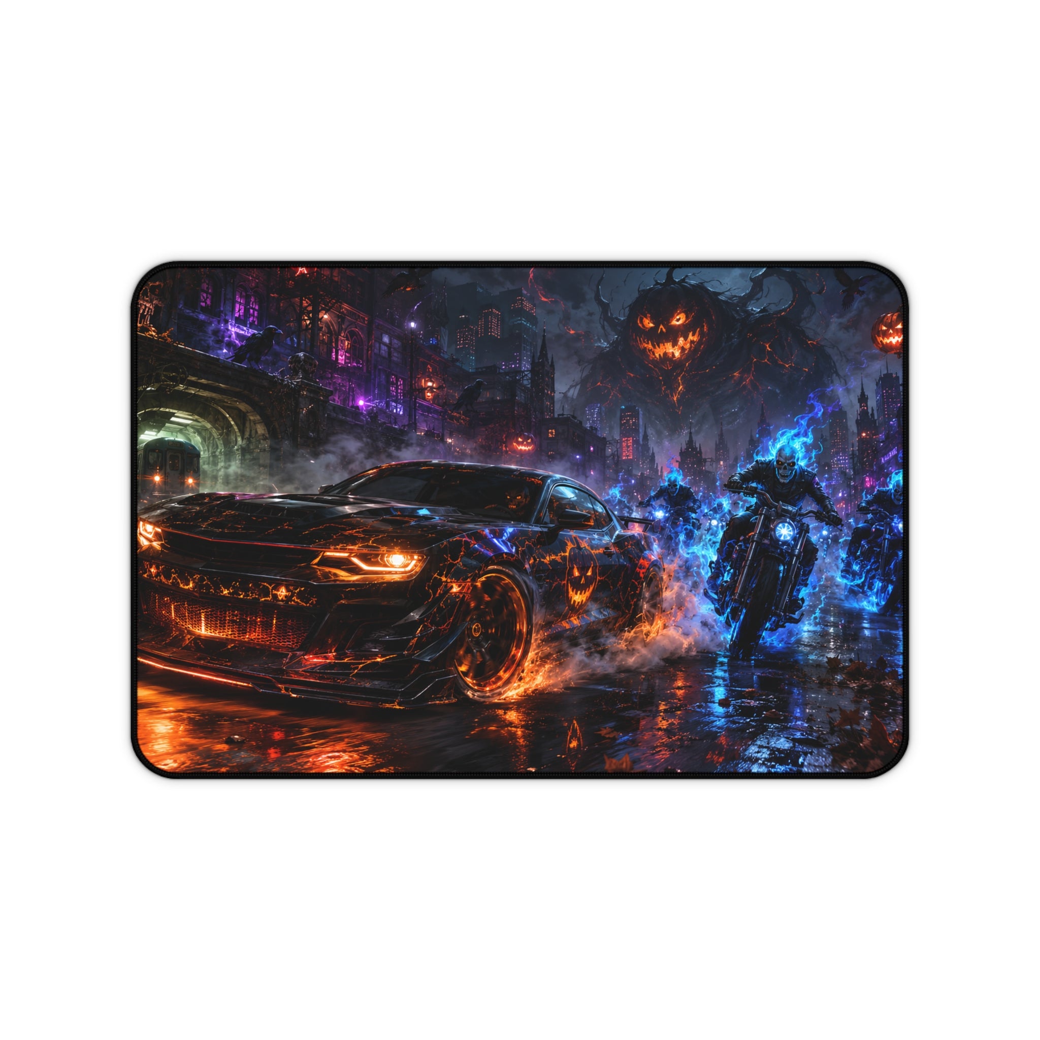 Neon Nightmare Racing Desk Mat — Cyberpunk Pumpkin Rider Gaming Mouse Pad