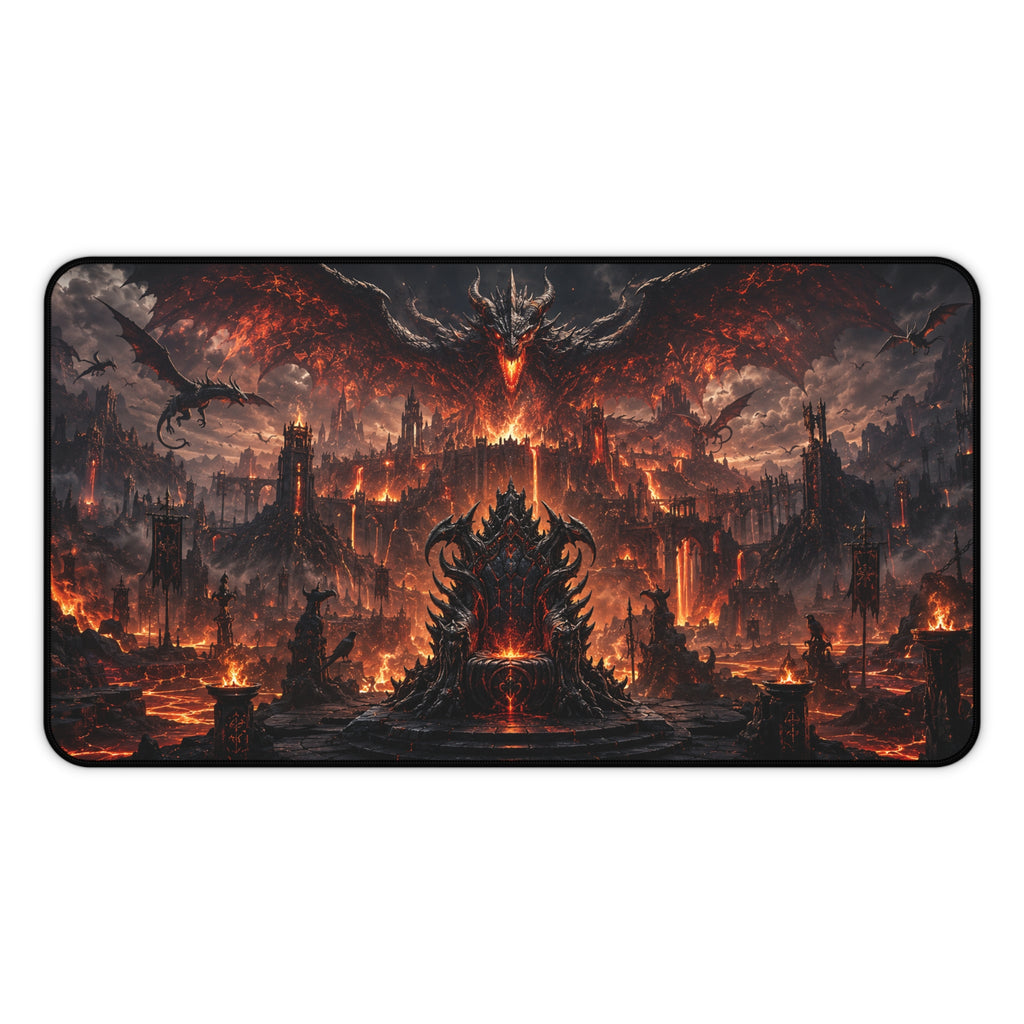 Fiery Demon Fortress Gaming Desk Mat — Dark Fantasy Battle Mousepad