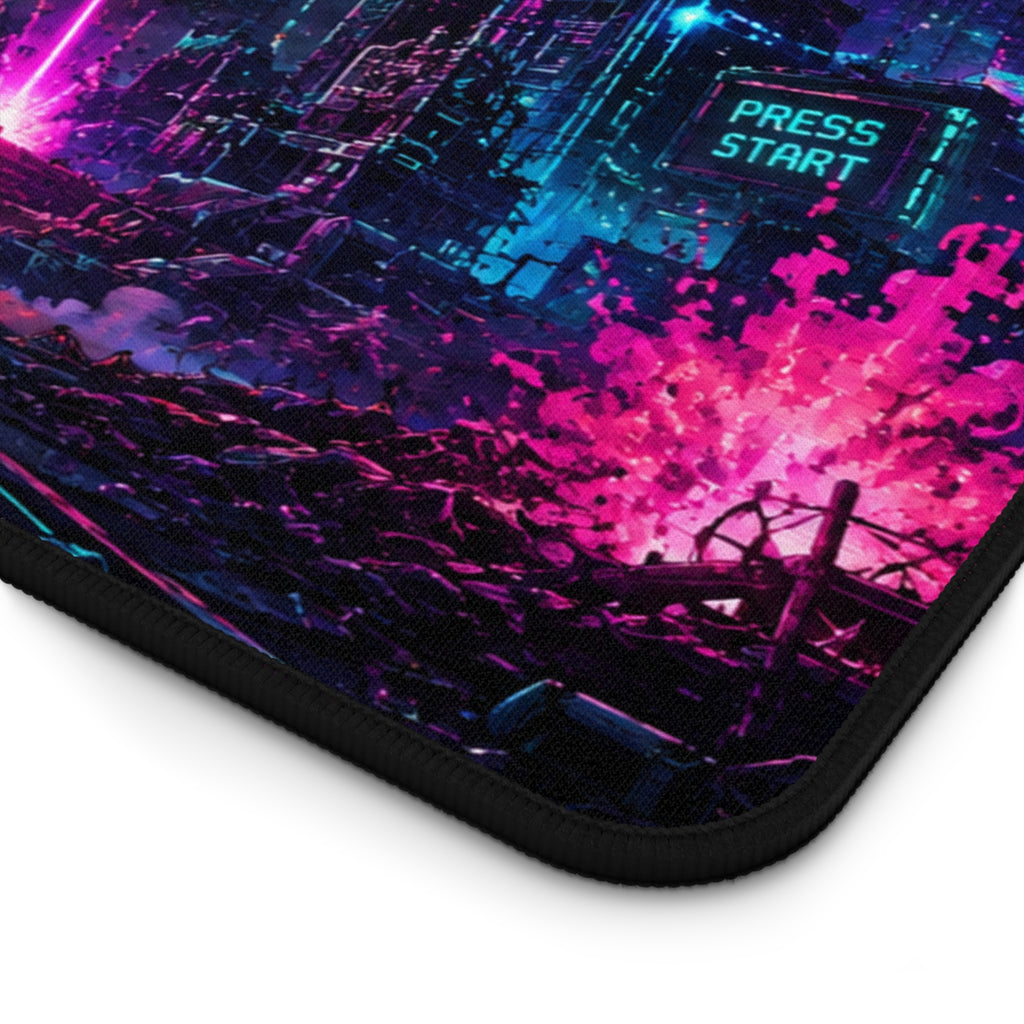 Retro Space Invaders Neon Desk Mat – Cyberpunk Gamer Mousepad
