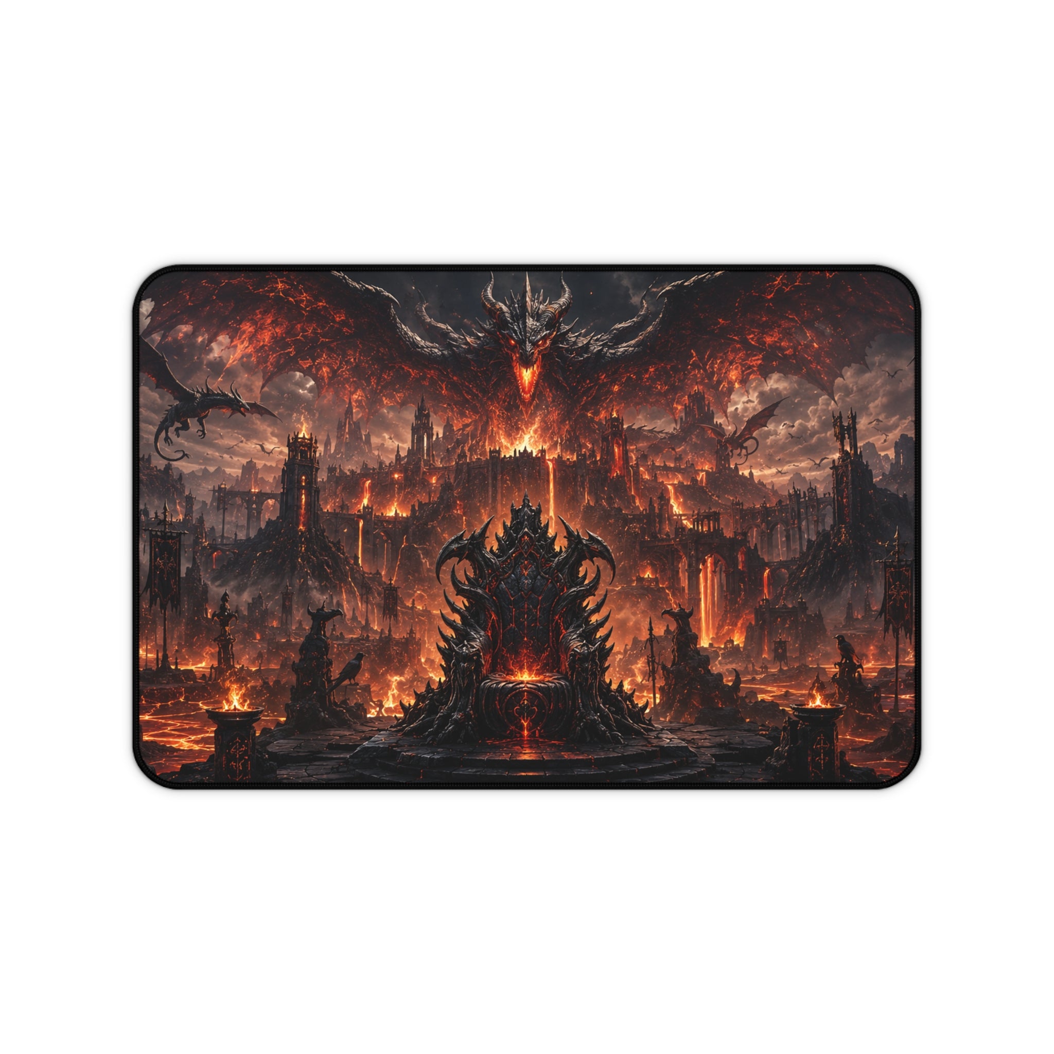 Fiery Demon Fortress Gaming Desk Mat — Dark Fantasy Battle Mousepad