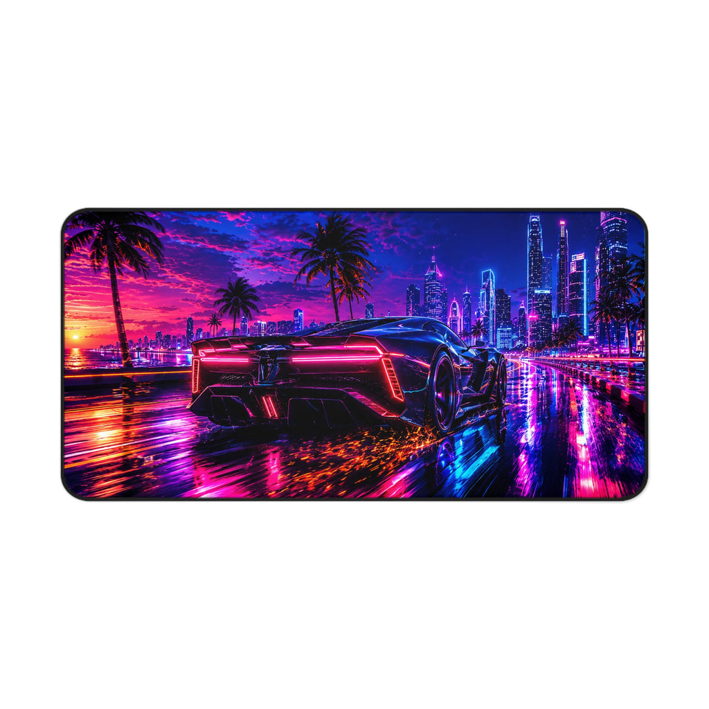Retro Futuristic Supercar Desk Mat — Neon Cyberpunk Gaming Mousepad