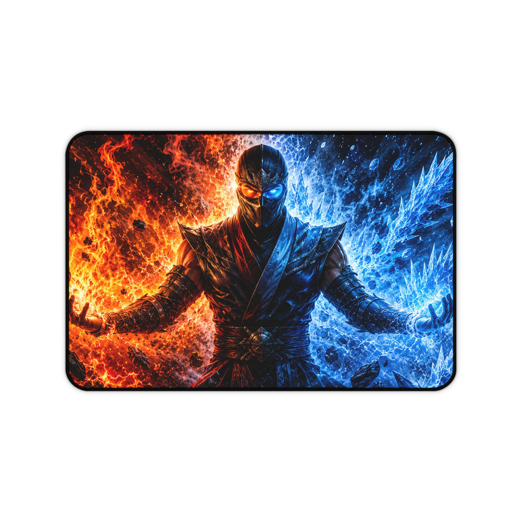 Fire & Ice Warrior Desk Mat — Gaming Mouse Pad with Fiery Blue Split Design