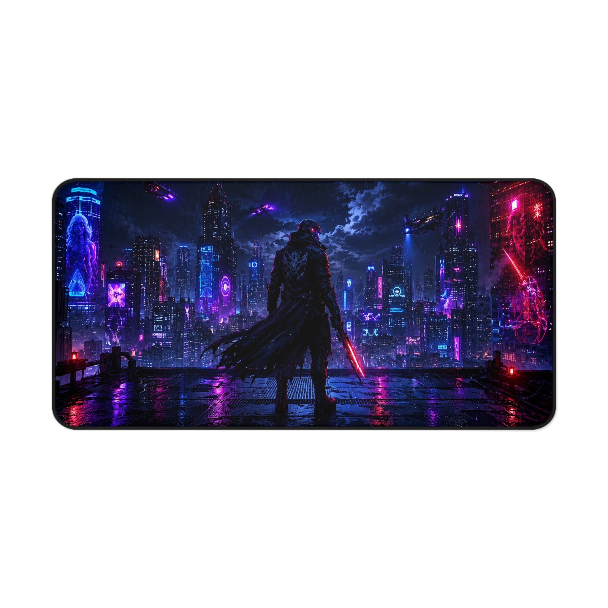 Cyberpunk Nightscape Desk Mat — Neon City Samurai Mouse Pad