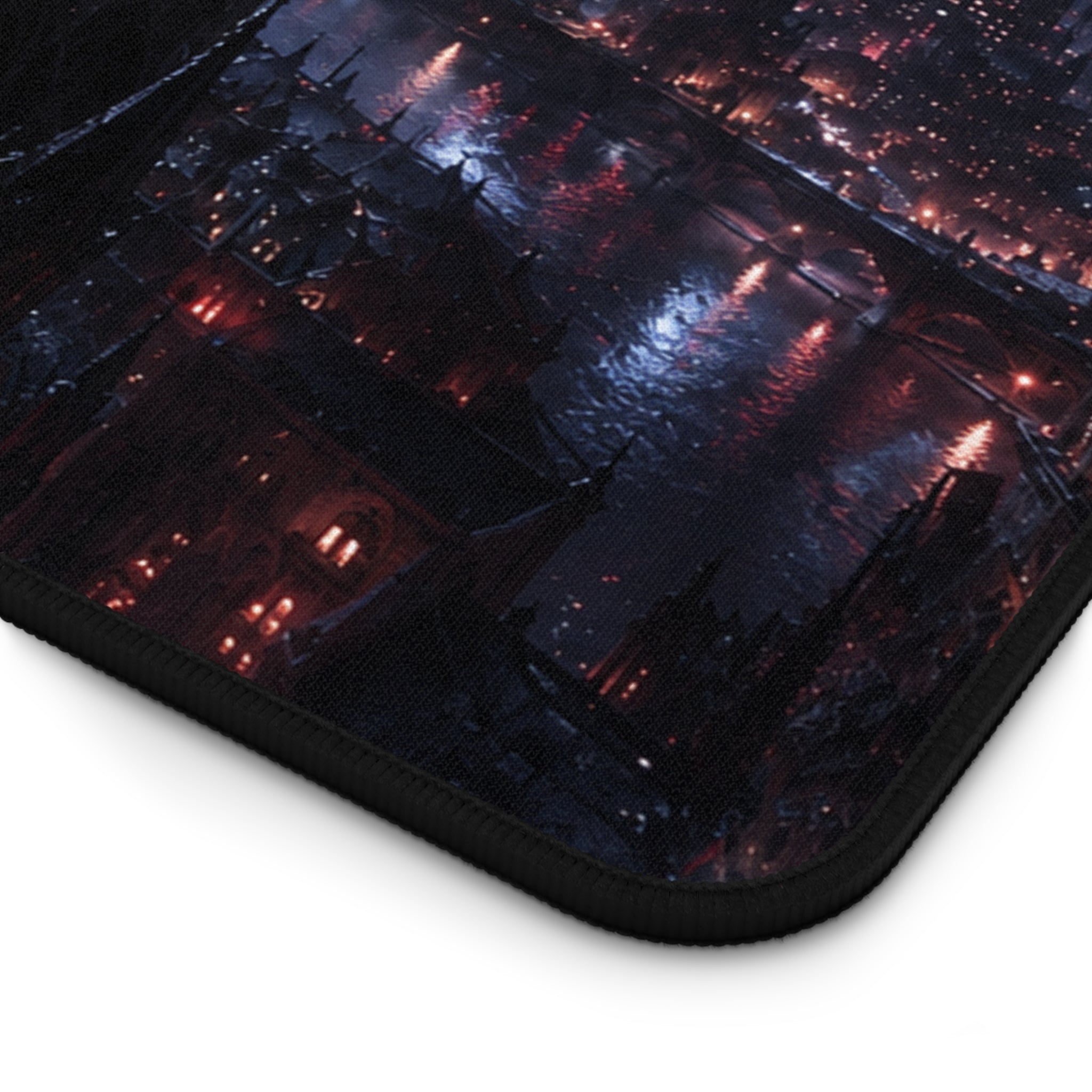 Gothic Nightscape Desk Mat — Dark Cityscape with Cloaked Figure