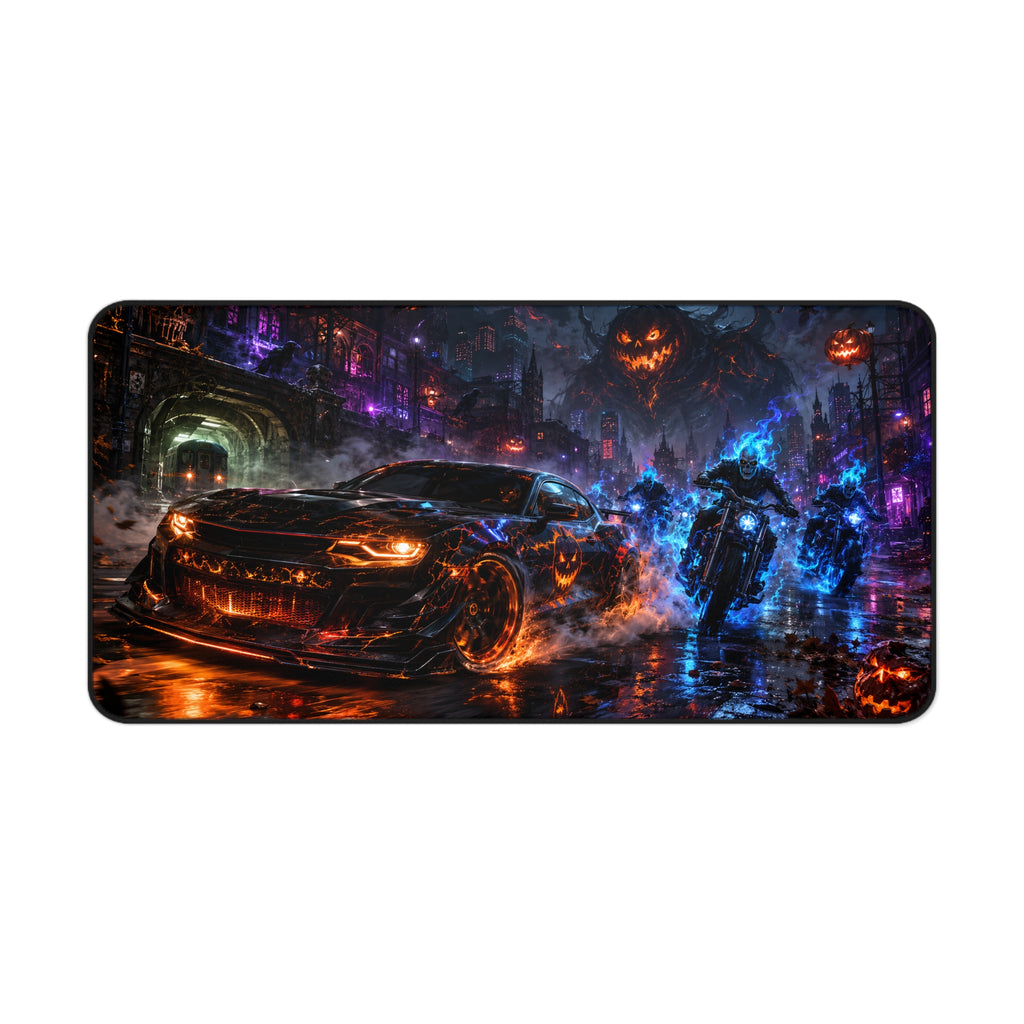 Neon Nightmare Racing Desk Mat — Cyberpunk Pumpkin Rider Gaming Mouse Pad