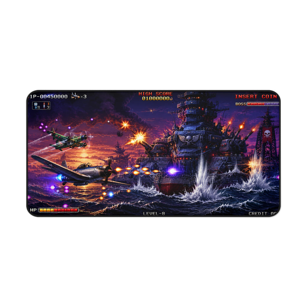Retro Arcade Shoot 'Em Up Gaming Desk Mat — Vintage Pixel Battlefield Design