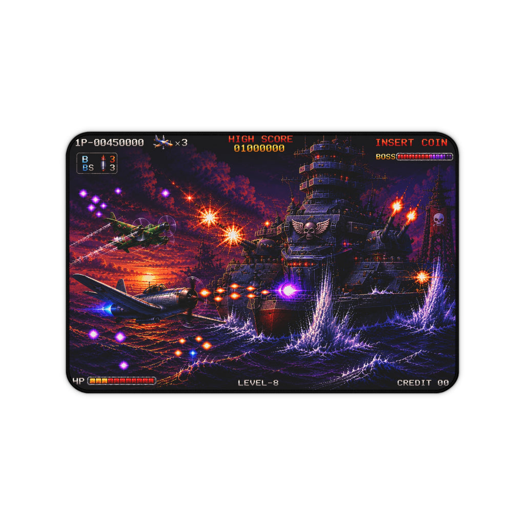Retro Arcade Shoot 'Em Up Gaming Desk Mat — Vintage Pixel Battlefield Design