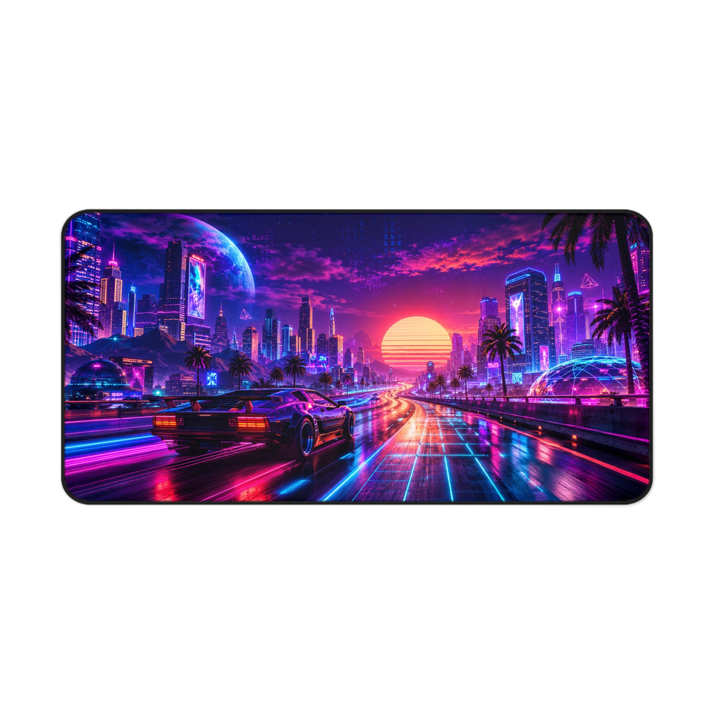 Retro Futuristic Sunset Desk Mat — Vaporwave Neon Cityscape