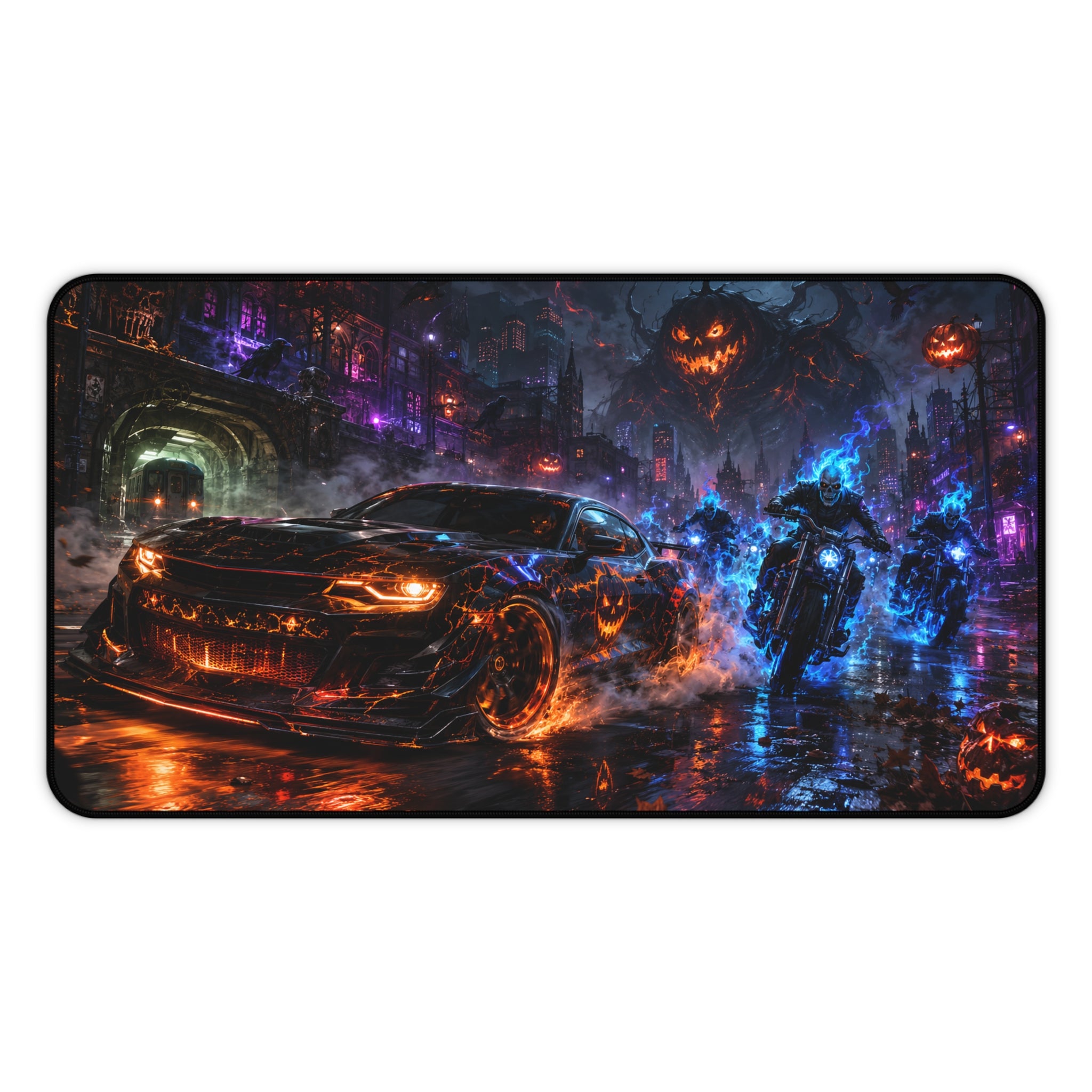 Neon Nightmare Racing Desk Mat — Cyberpunk Pumpkin Rider Gaming Mouse Pad