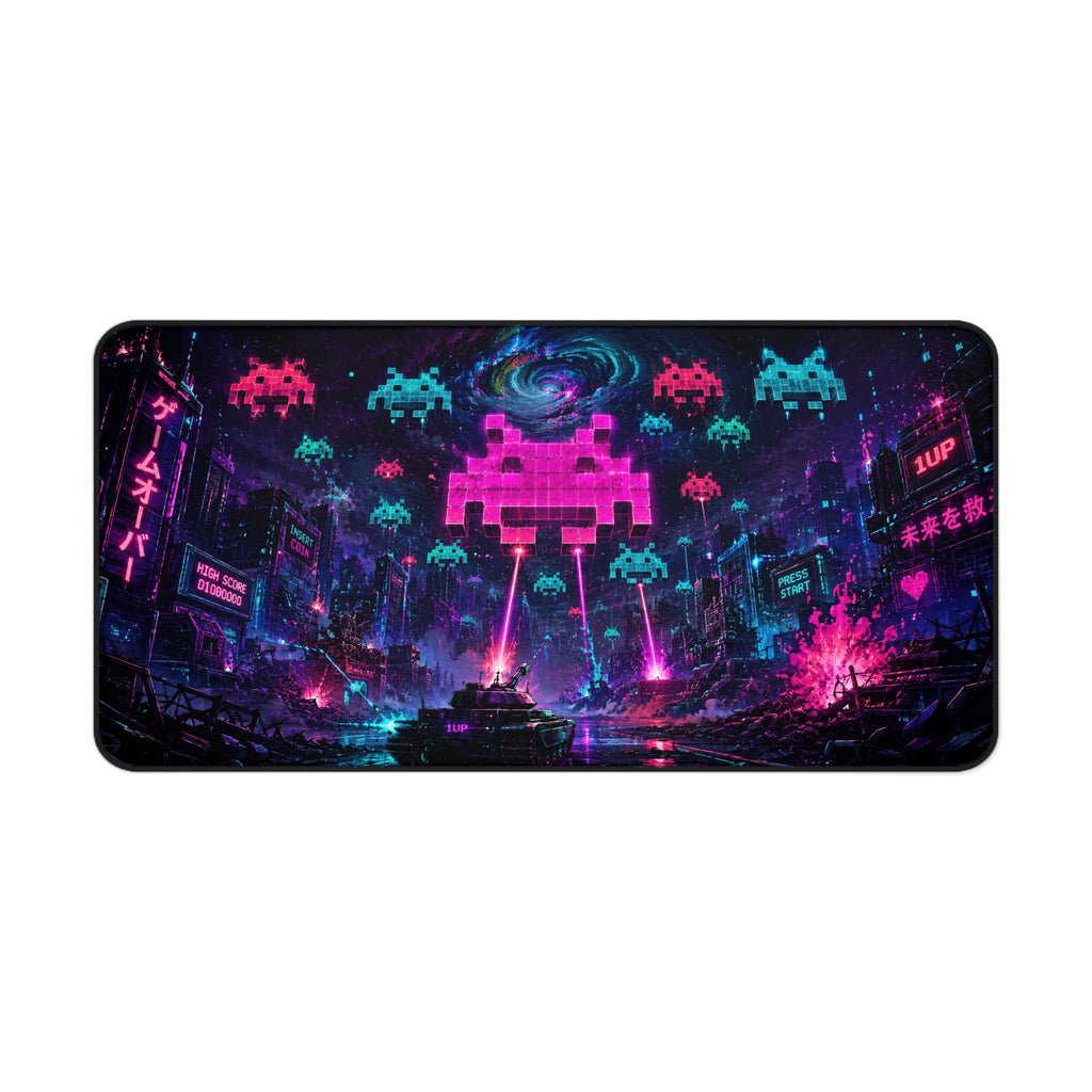Retro Space Invaders Neon Desk Mat – Cyberpunk Gamer Mousepad