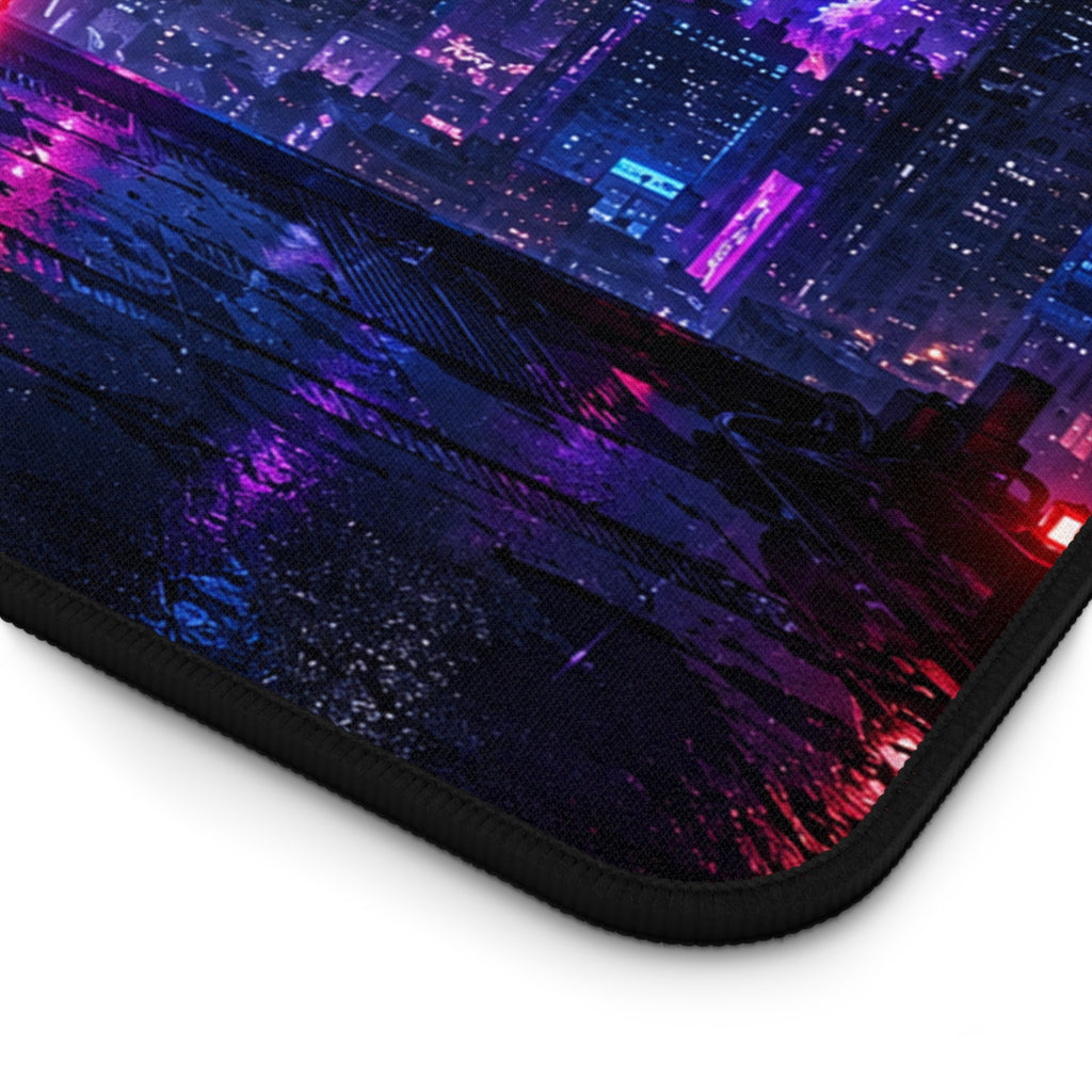 Cyberpunk Nightscape Desk Mat — Neon City Samurai Mouse Pad