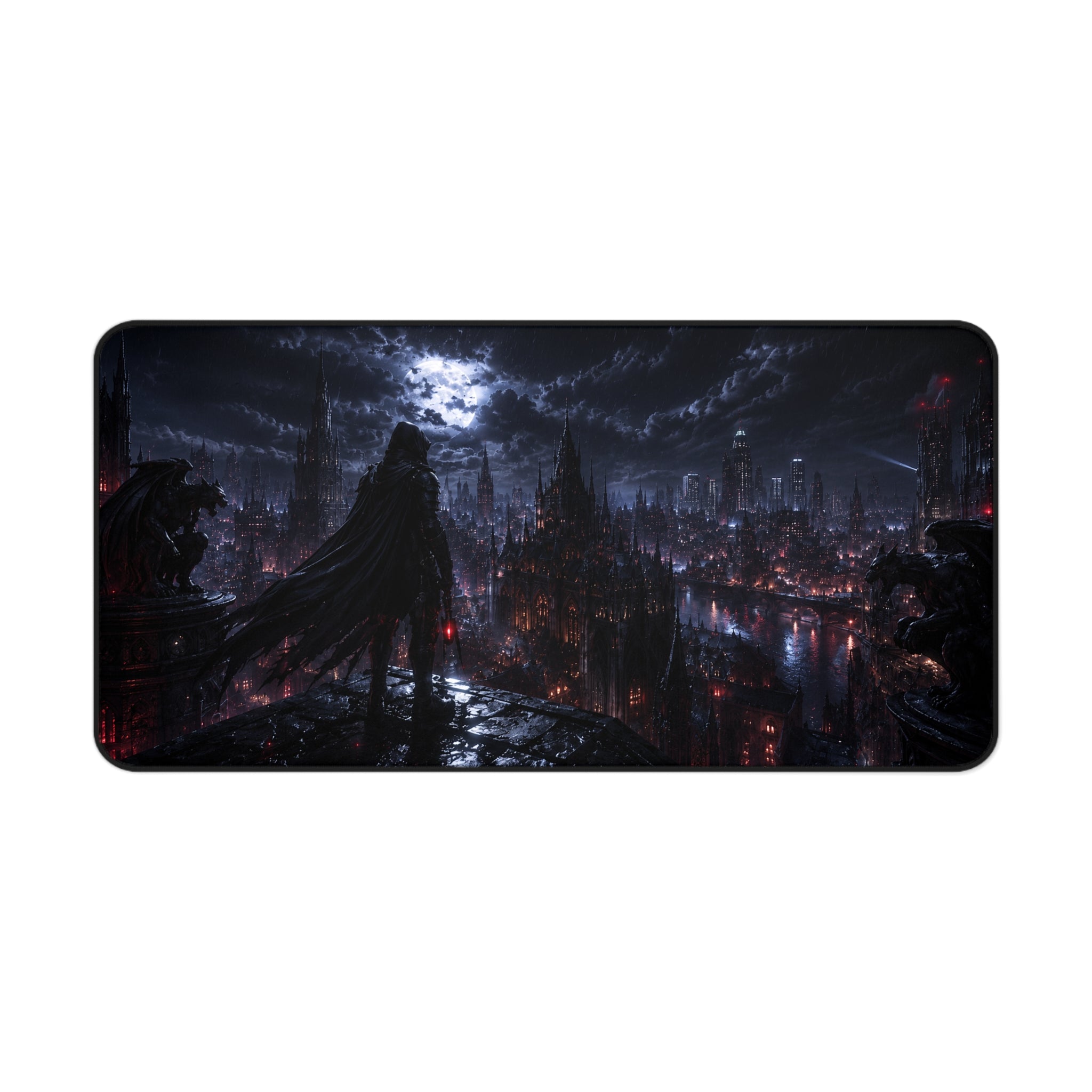 Gothic Nightscape Desk Mat — Dark Cityscape with Cloaked Figure