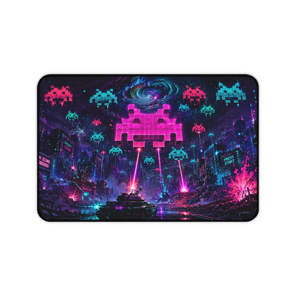 Retro Space Invaders Neon Desk Mat – Cyberpunk Gamer Mousepad